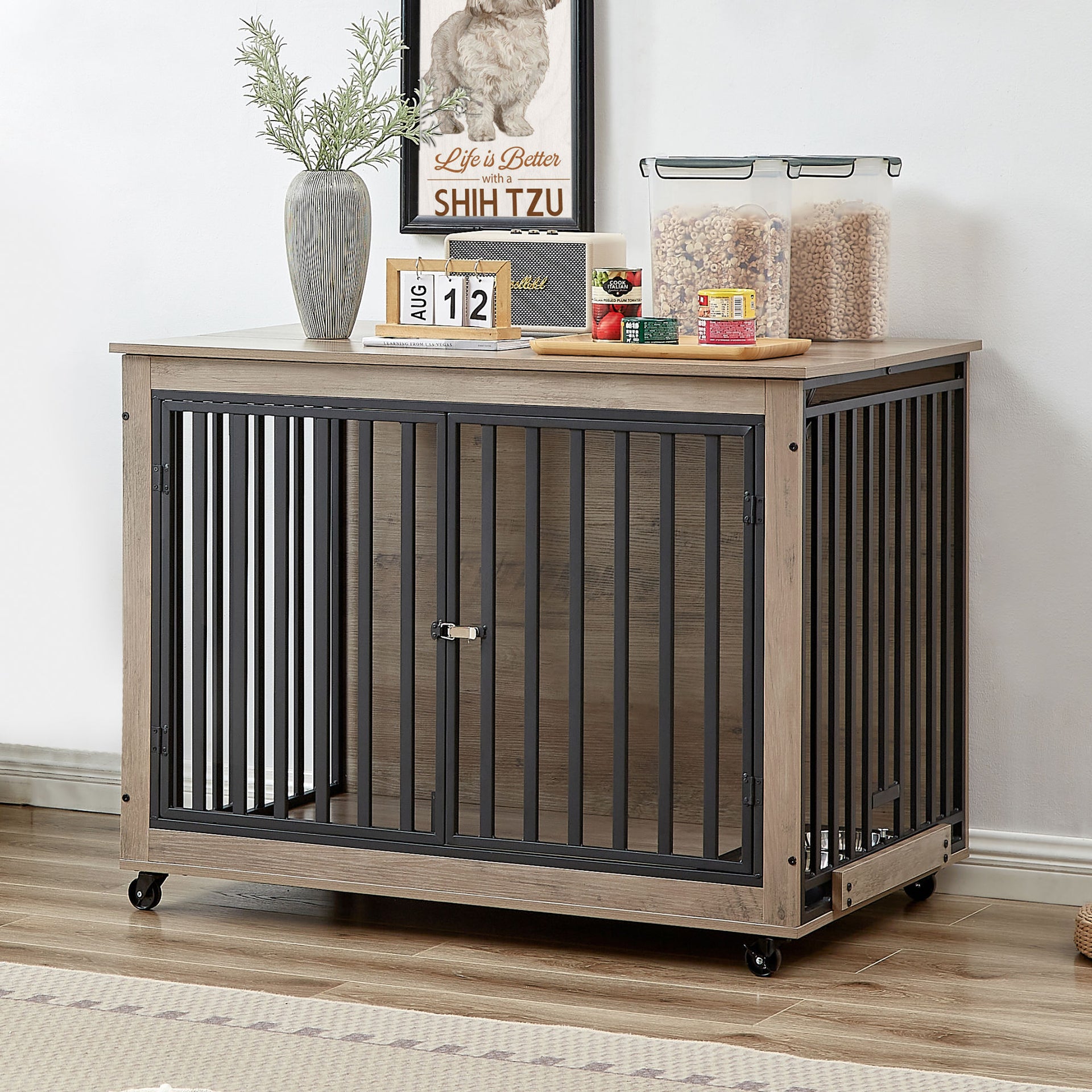 Dog Crate Side Table With Feeding Bowl, Three Doors and Flip-Up Top Opening