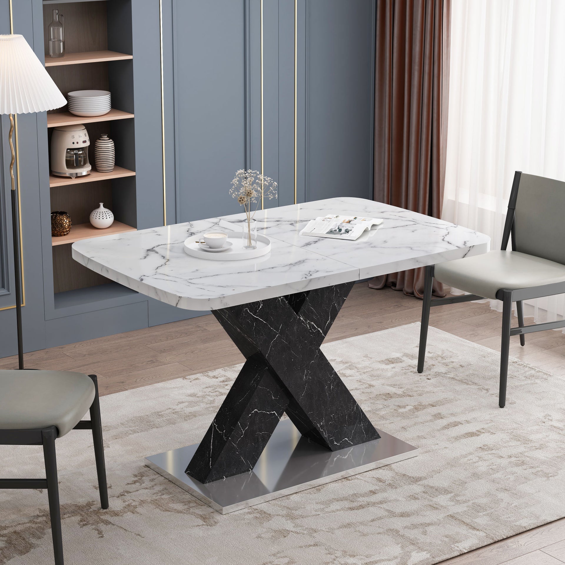 Modern White Marble Effect Extendable Dining Table