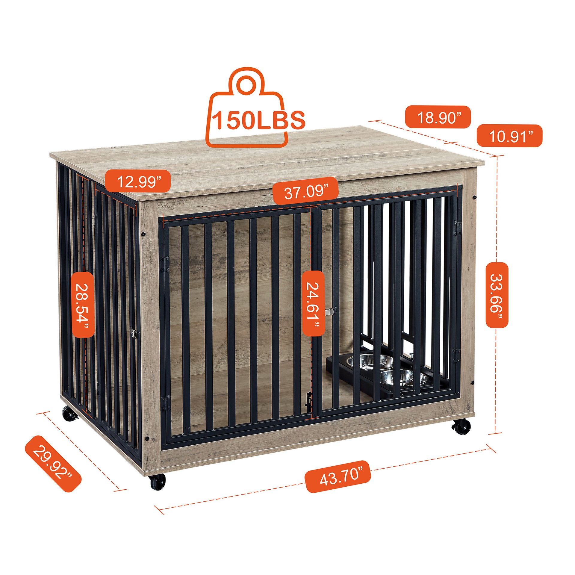 Dog Crate Side Table With Feeding Bowl, Three Doors and Flip-Up Top Opening