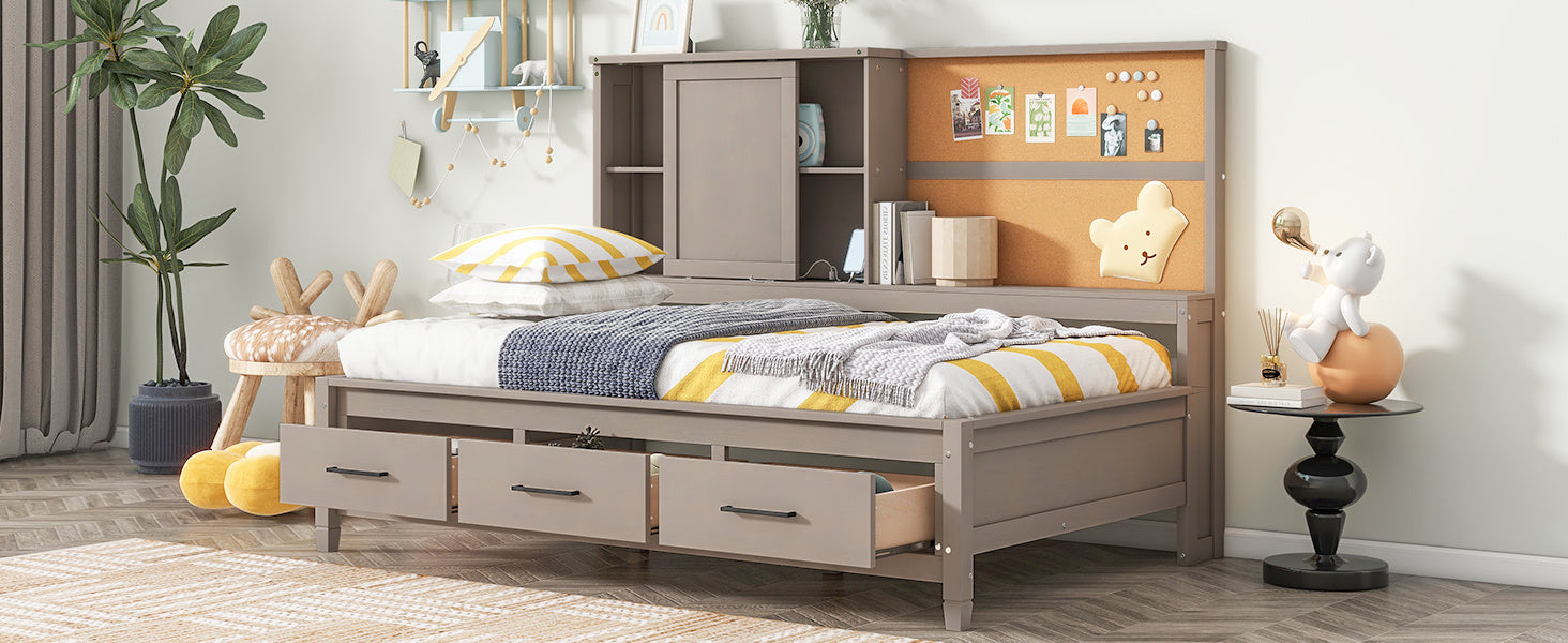 Twin Size Bed with Storage Shelves, Cork Board, USB Ports and 3 Drawers, Antique Gray