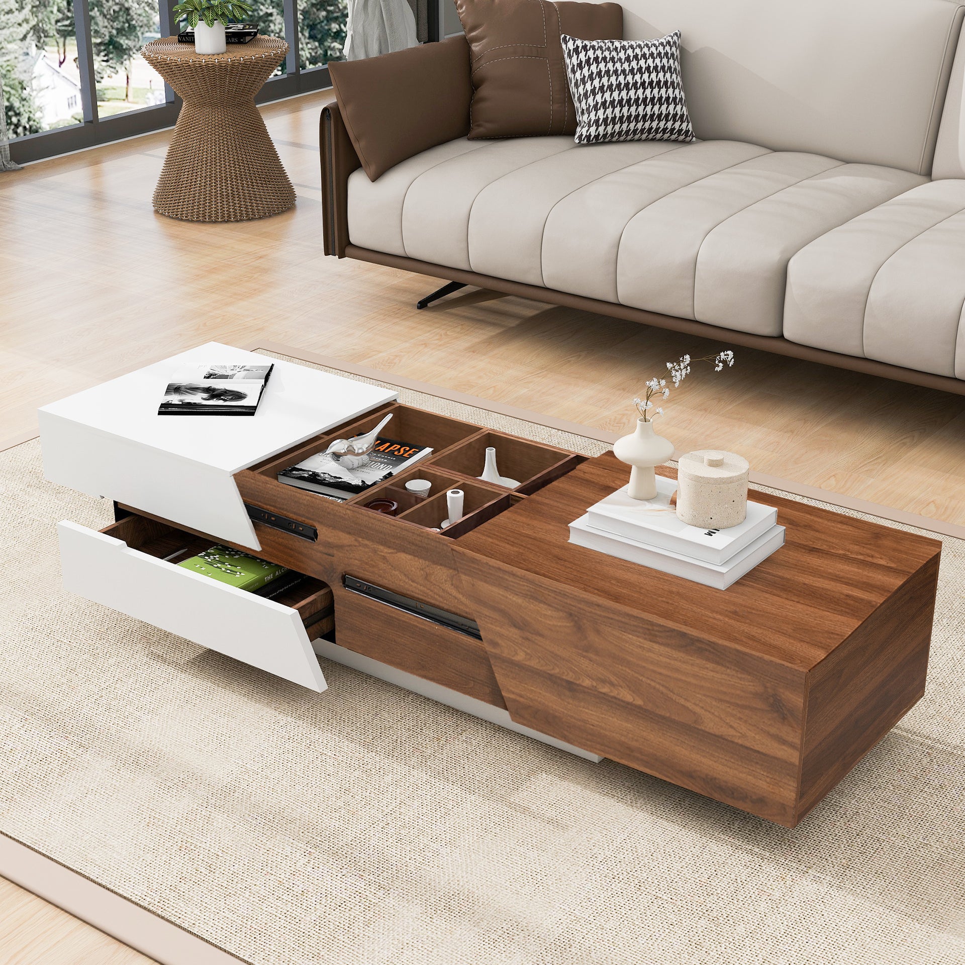 Modern Sliding Top Coffee Table with Storage in White and Walnut