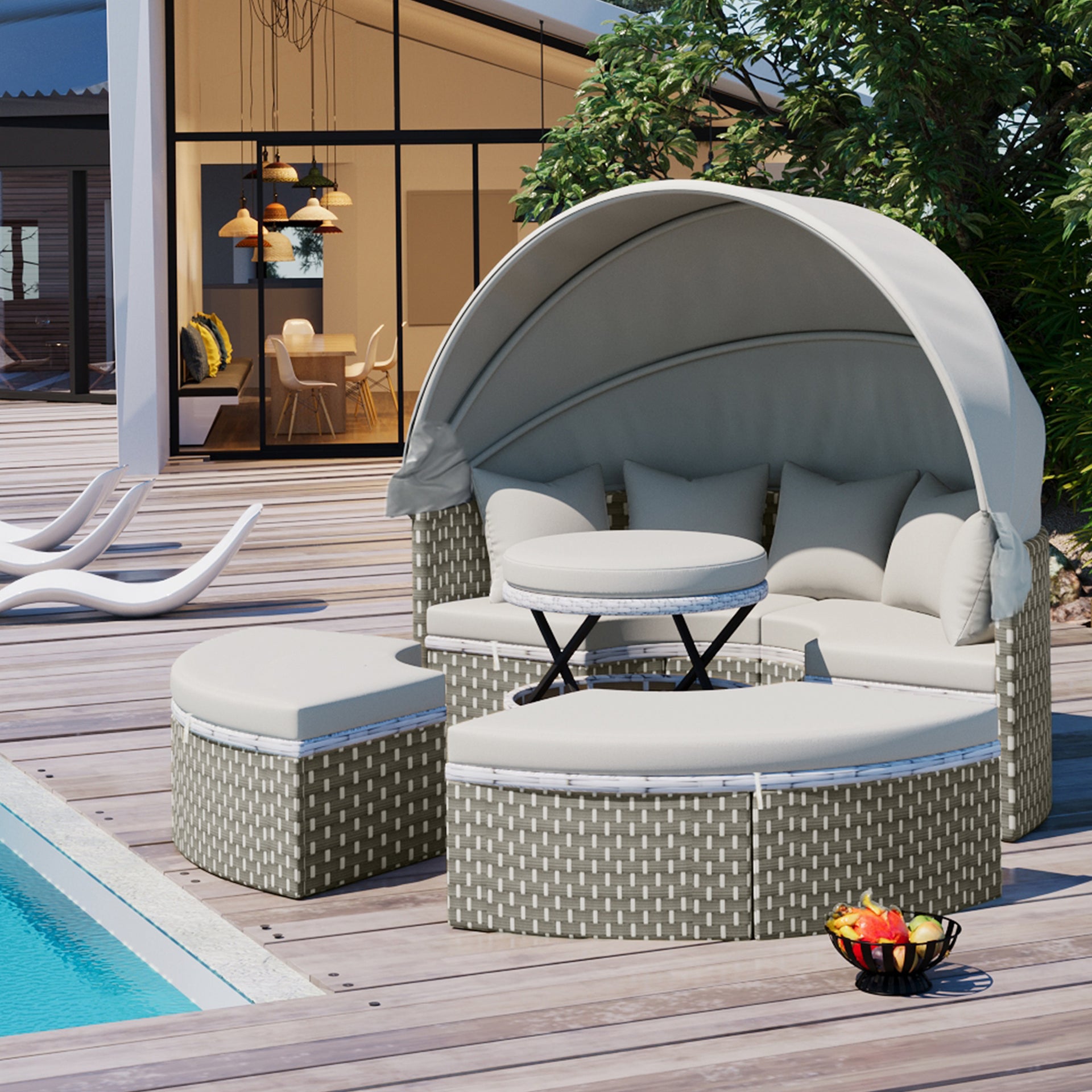 Round Sectional Rattan Daybed with Table and Canopy