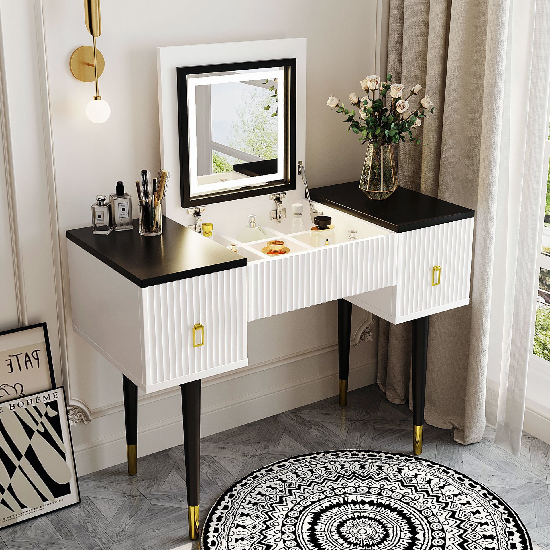 Modern Vanity Dressing Table with Flip-top Mirror and LED Light, White and Black