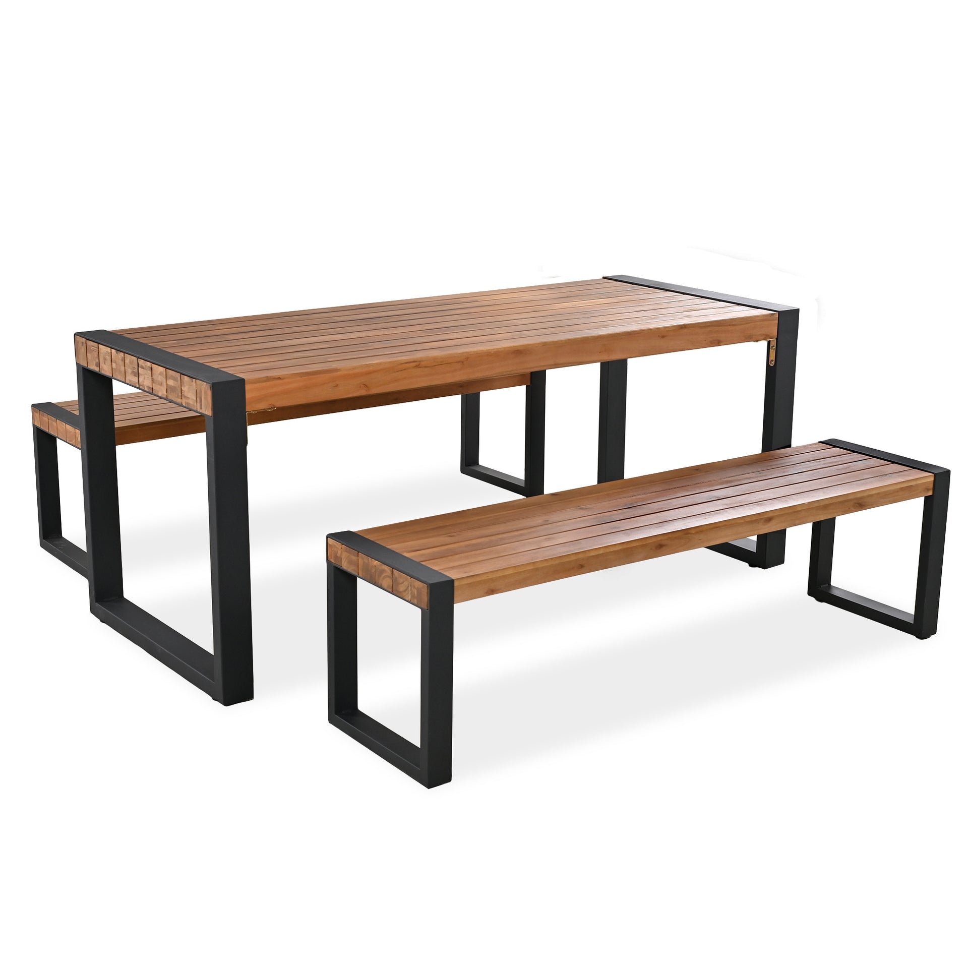 Acacia Wood Dining Table Set With 2 Benches