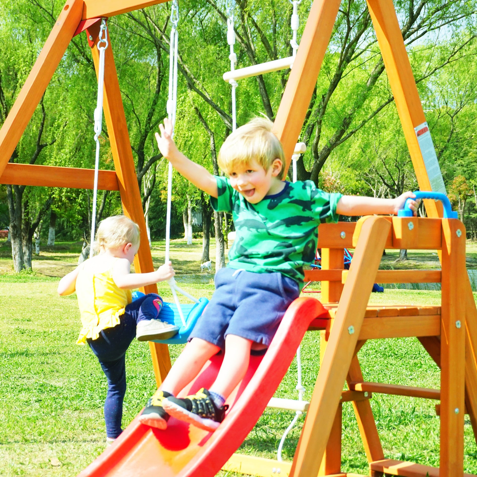 Wooden Outdoor Activity Playground Playset Swing with Slide