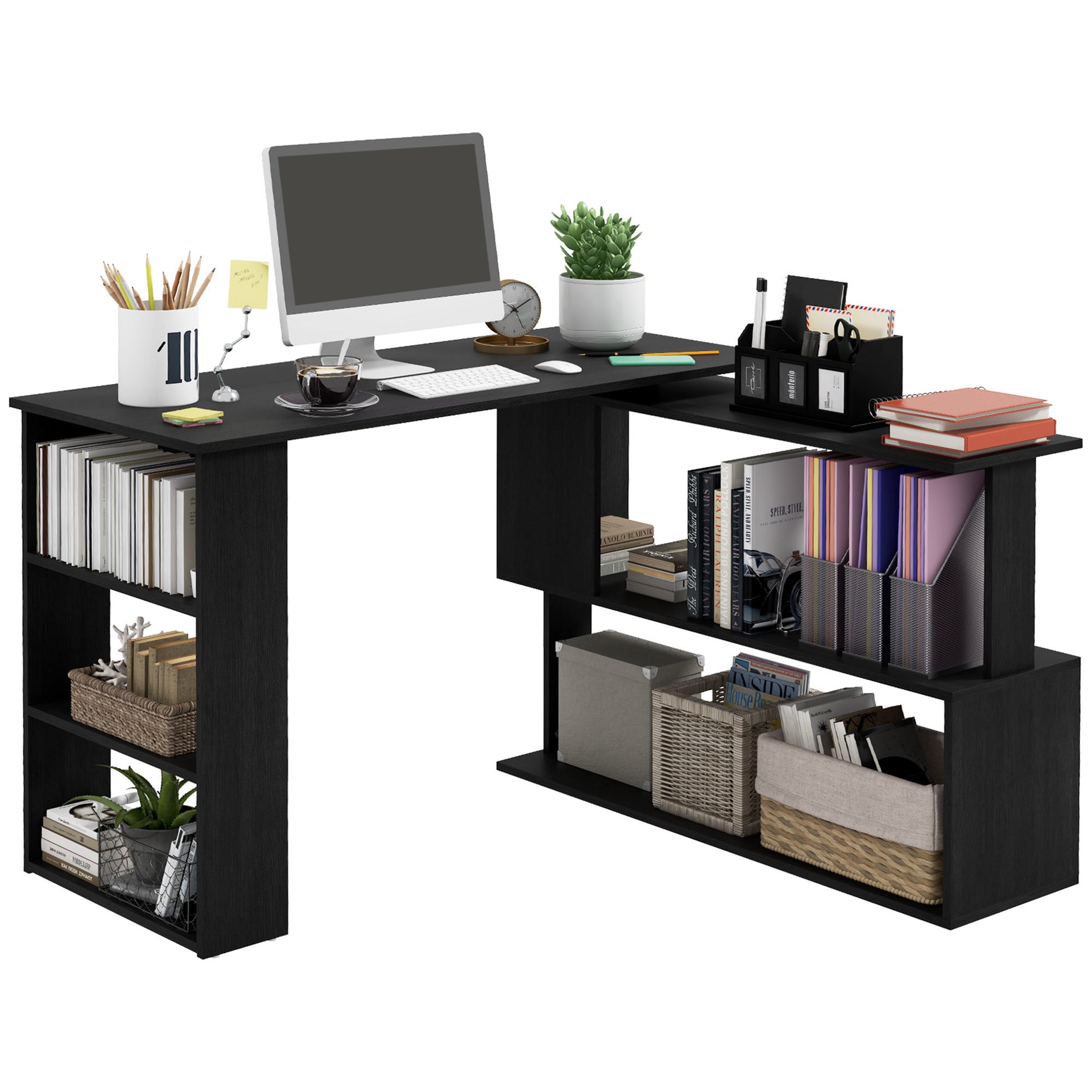 360 Degree Rotating L Shaped Corner Desk Home Office with Storage Shelves, Black