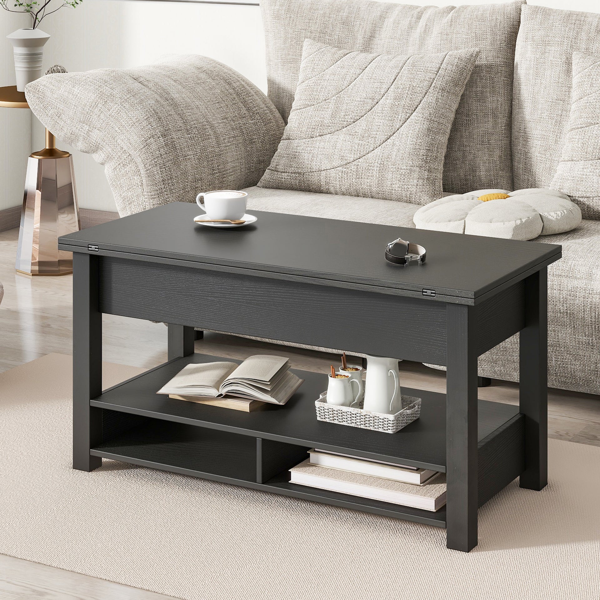 Modern Multi-Functional Lift Top Coffee Dining Table, Black