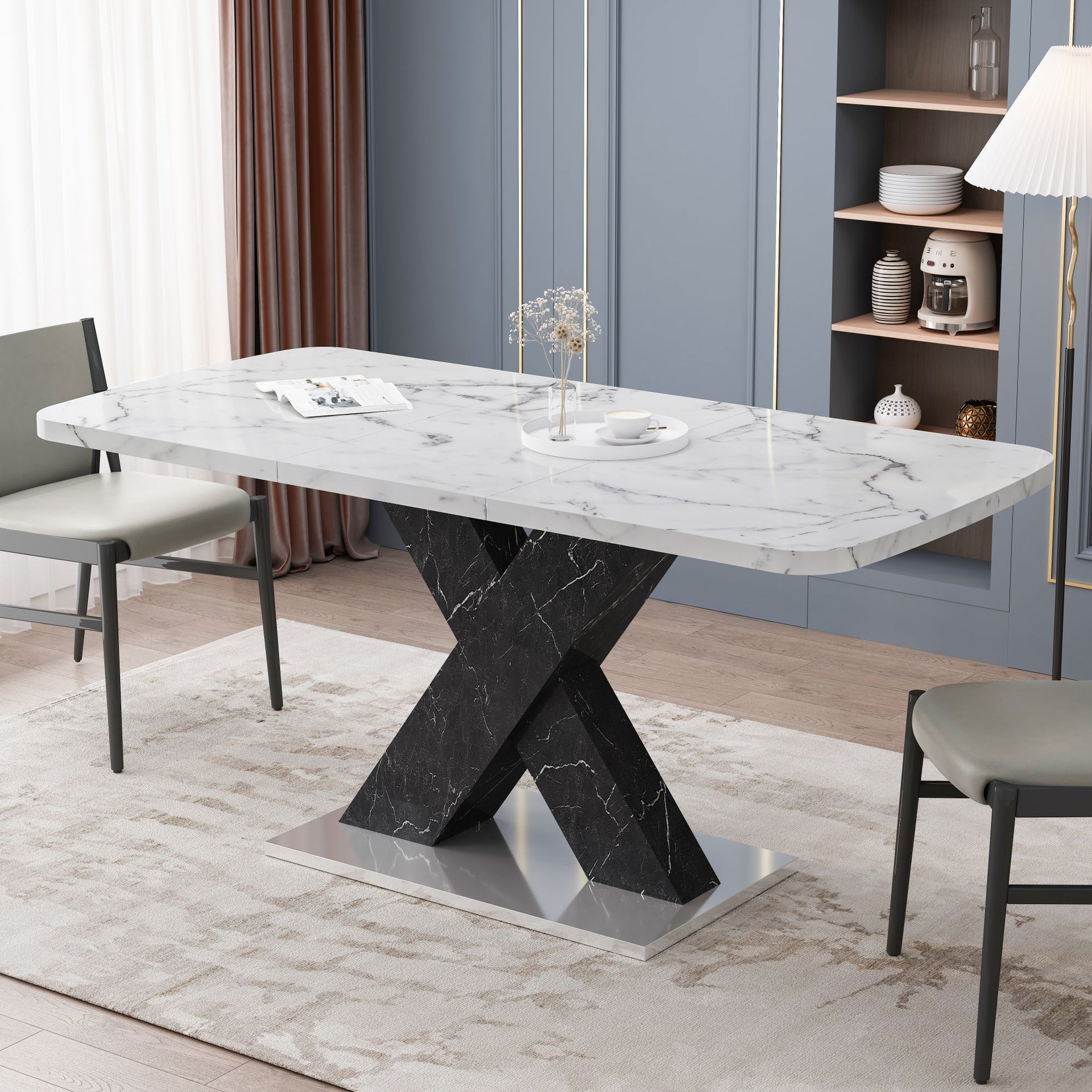 Modern White Marble Effect Extendable Dining Table