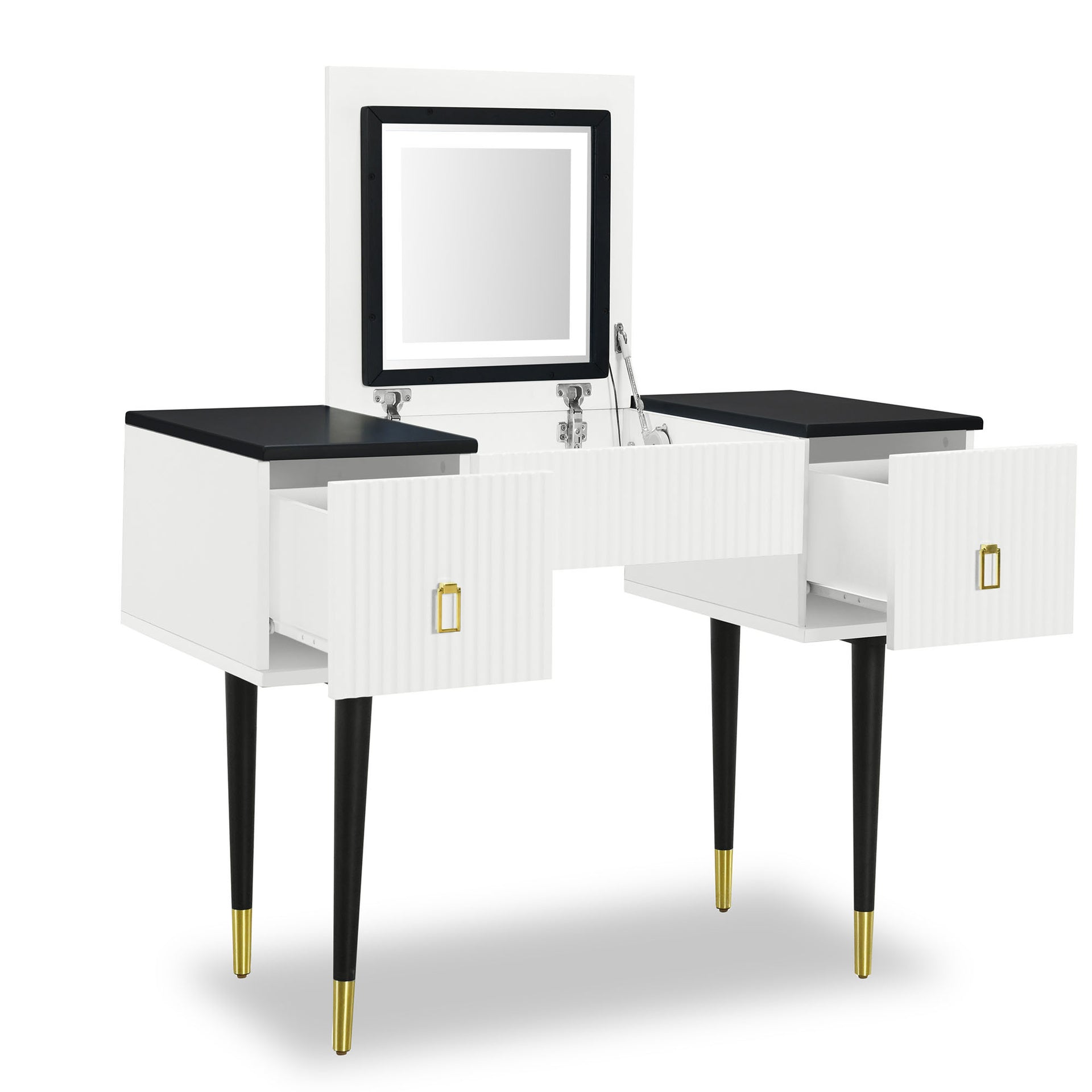 Modern Vanity Dressing Table with Flip-top Mirror and LED Light, White and Black