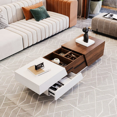 Modern Sliding Top Coffee Table with Storage in White and Walnut