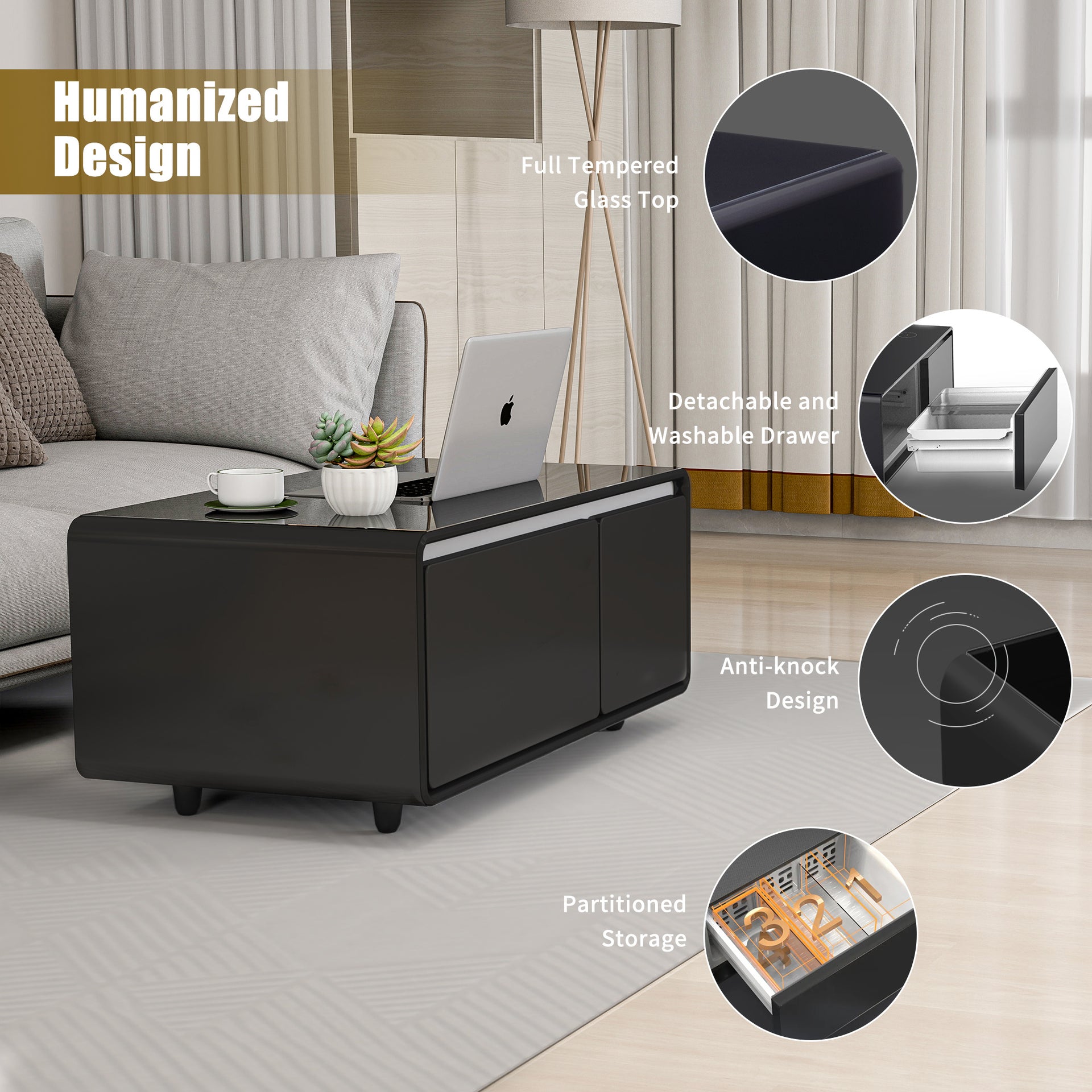 Modern Smart Coffee Table with Built-in Fridge and Wireless Charging, Black