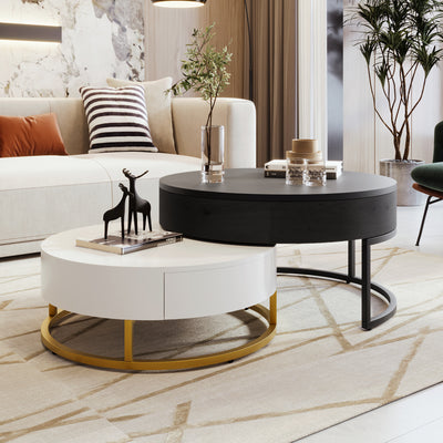 Modern Round Lift-top Nesting Coffee Tables with 2 Drawers White and Black