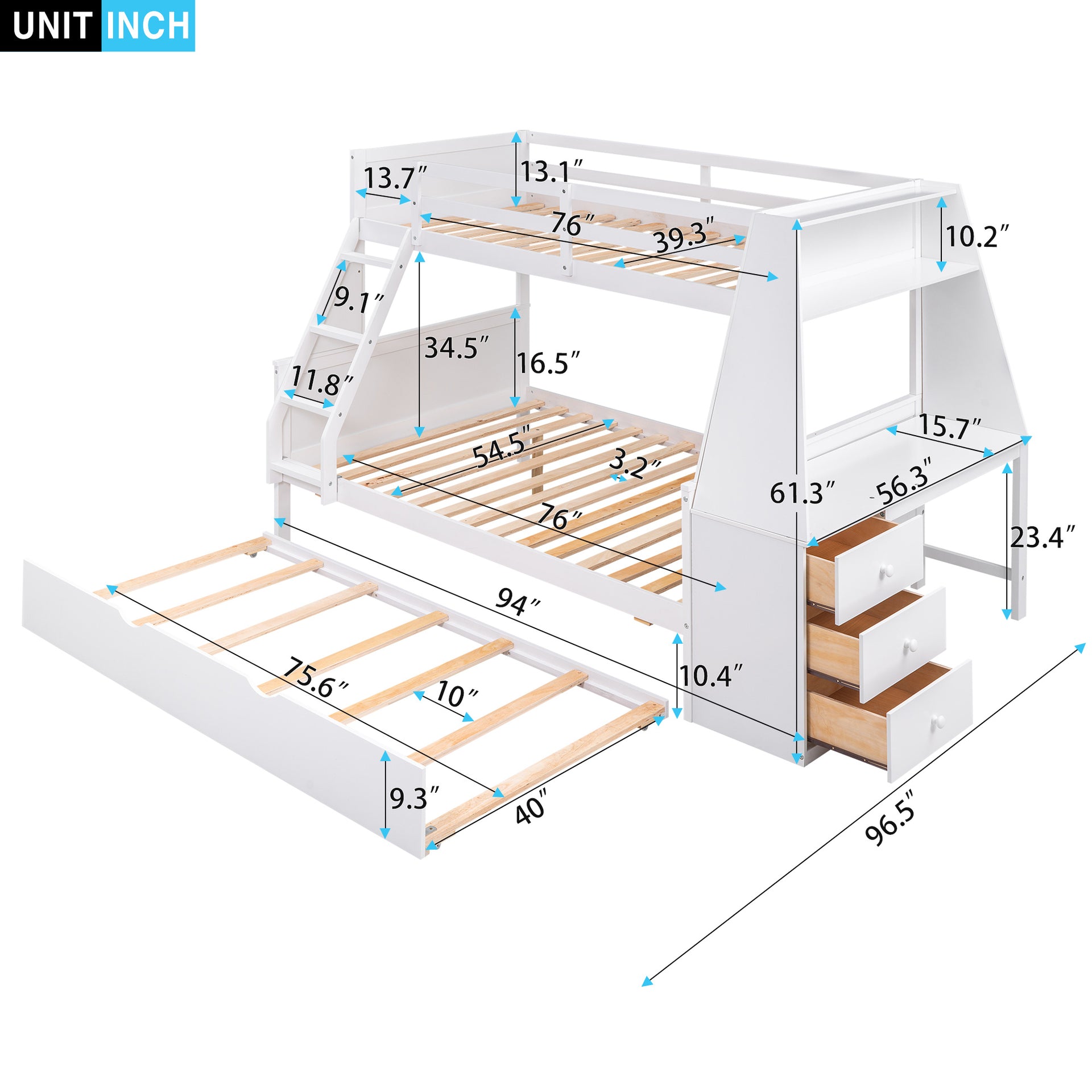 Twin over Full Bunk Bed with Built-in Desk And Trundle