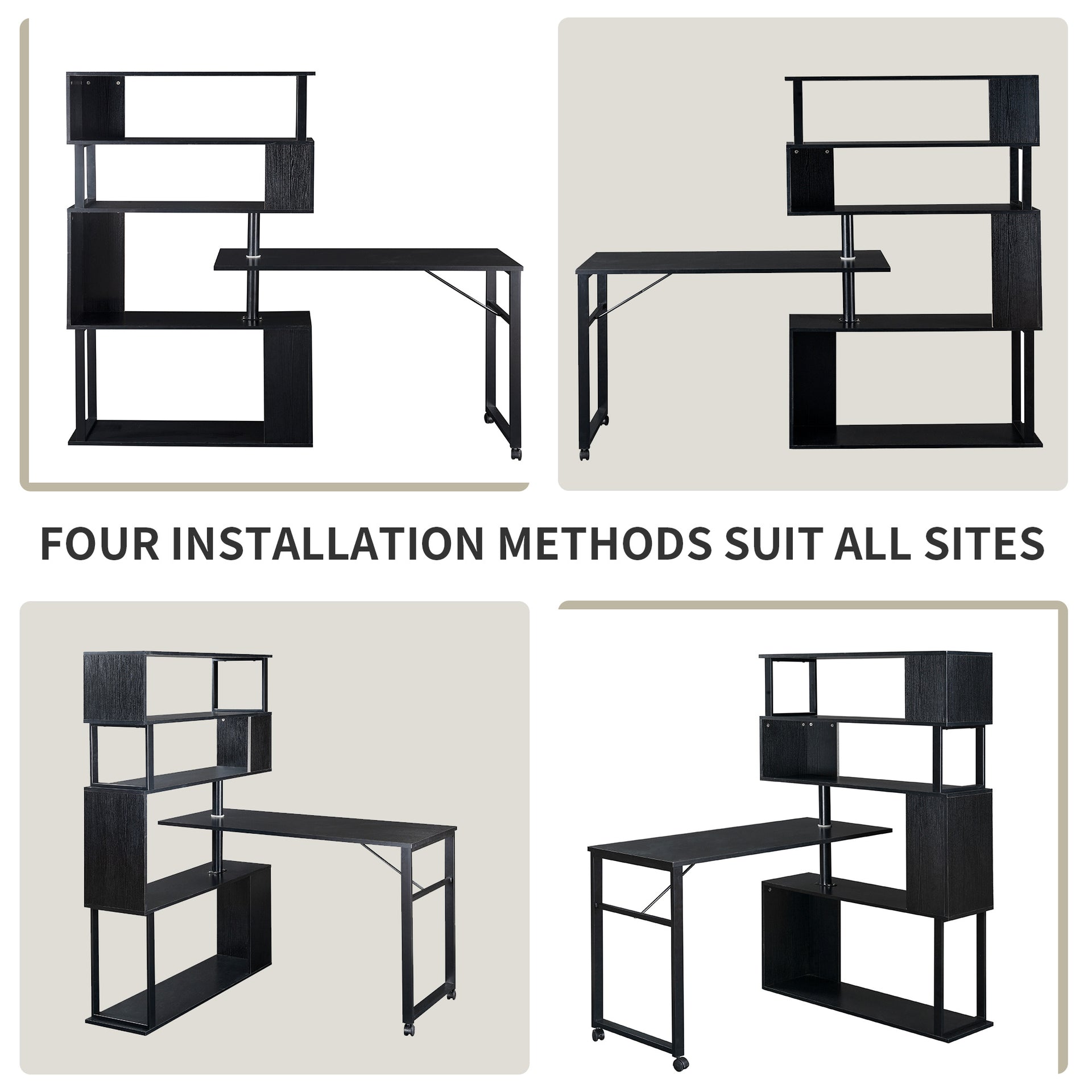 Home Office Rotating Computer Desk with 5-Tier Bookshelf