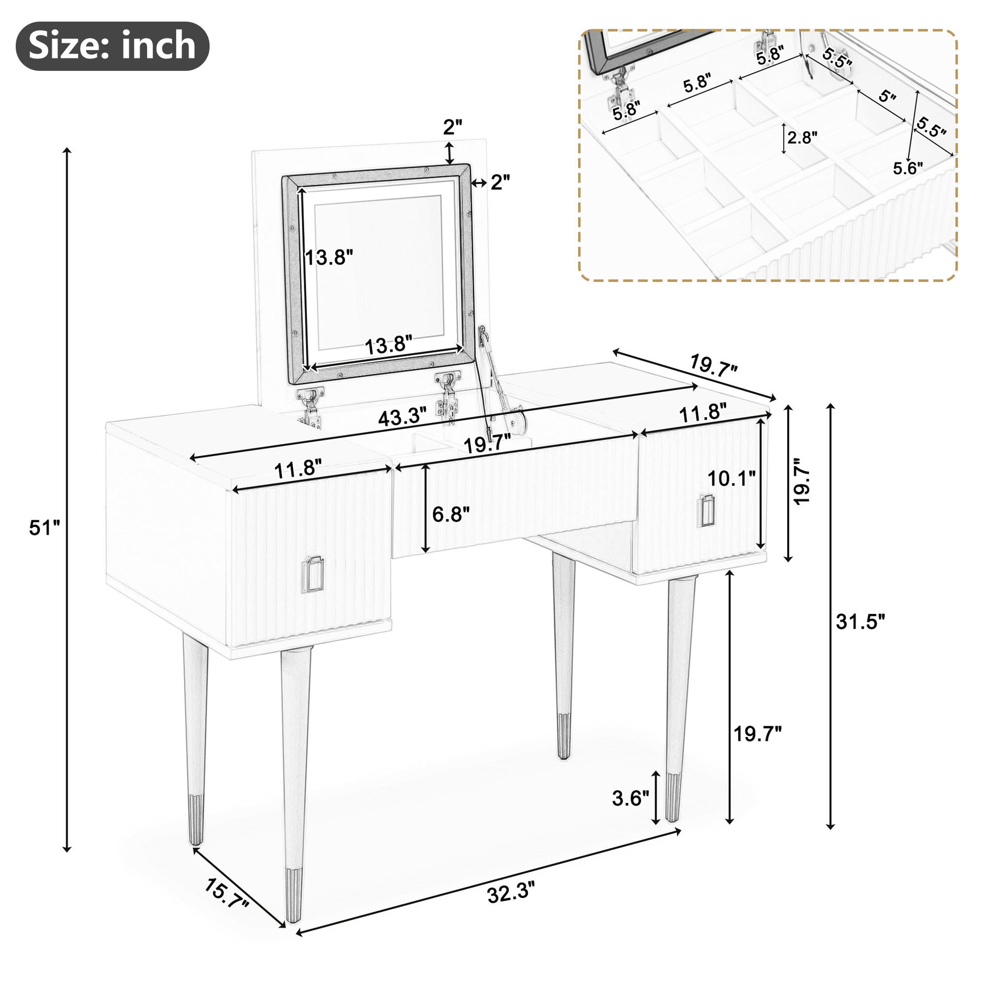 Modern Vanity Dressing Table with Flip-top Mirror and LED Light, White and Black