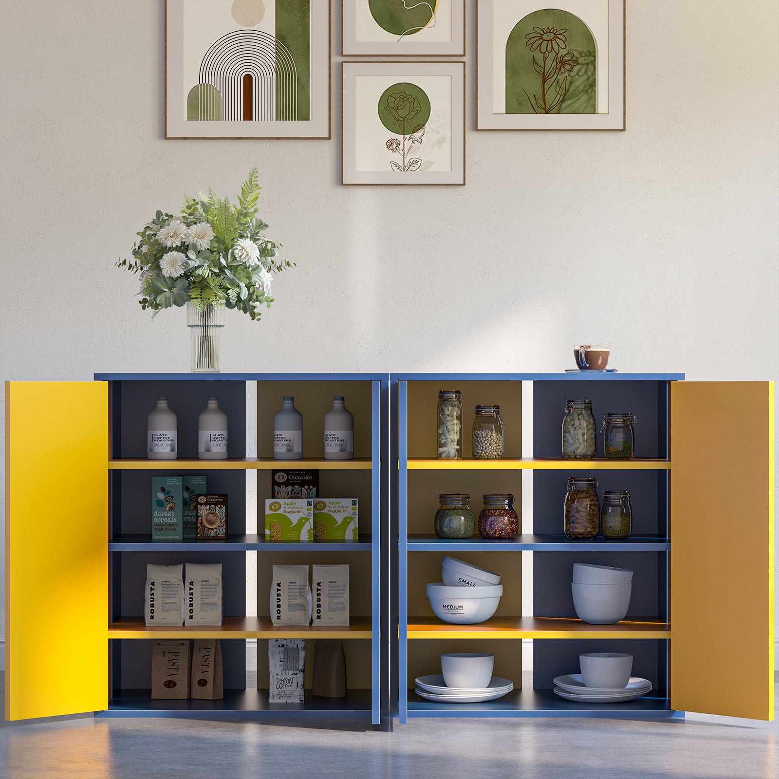 Modern Storage Cabinet with 3 Adjustable Shelves, Yellow and Blue