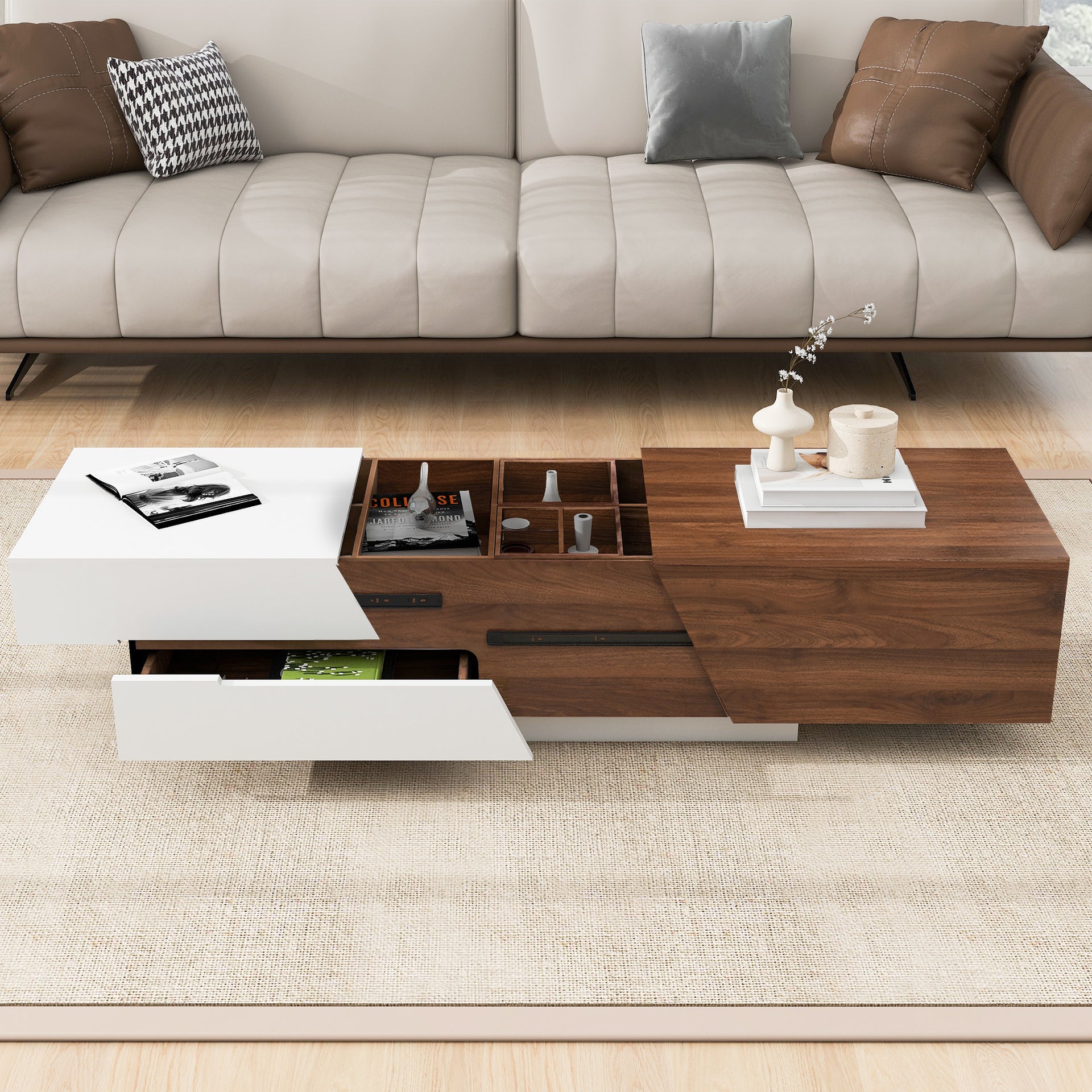 Modern Sliding Top Coffee Table with Storage in White and Walnut