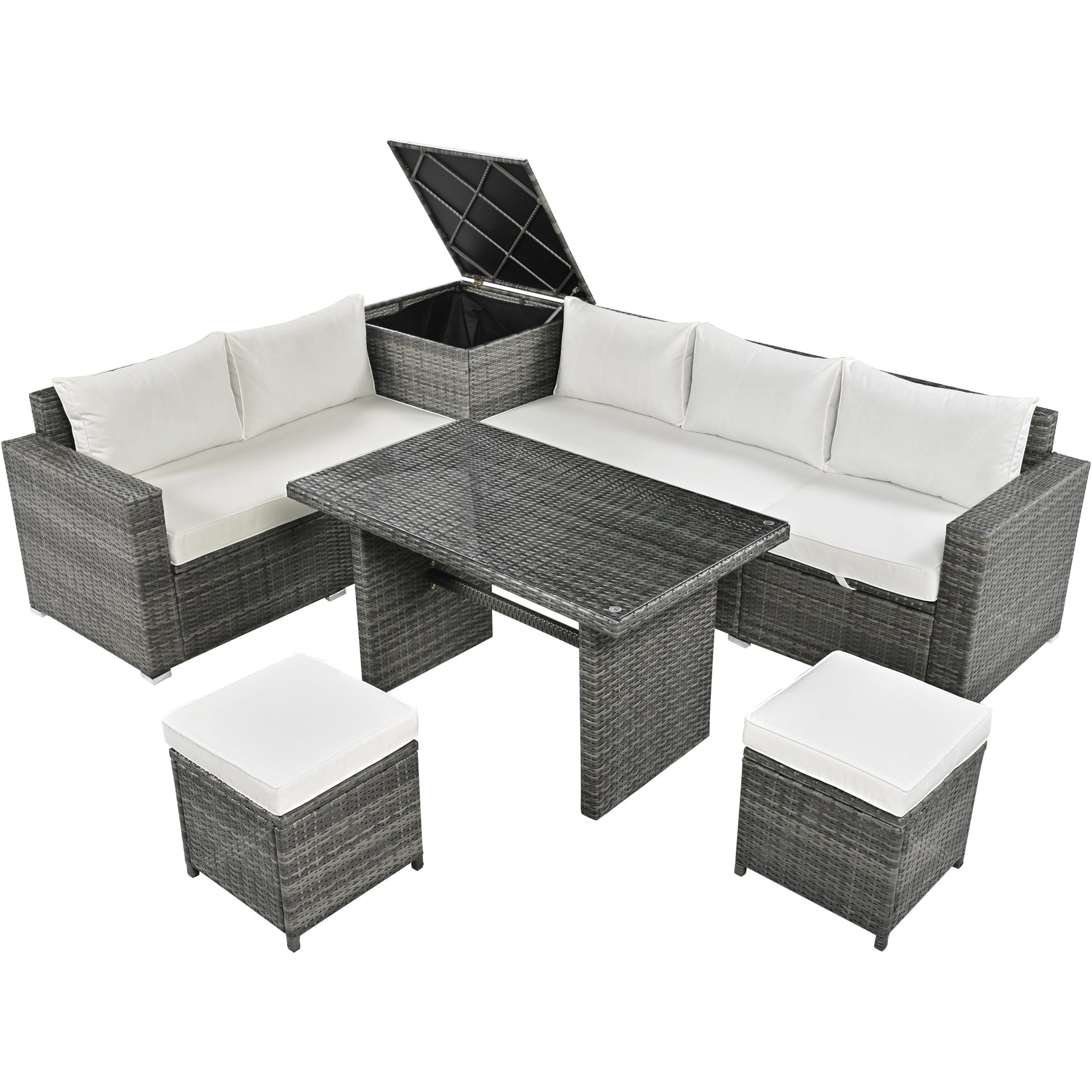 6-Piece Garden Patio Sectional Sofa Set with Storage and Removable Covers