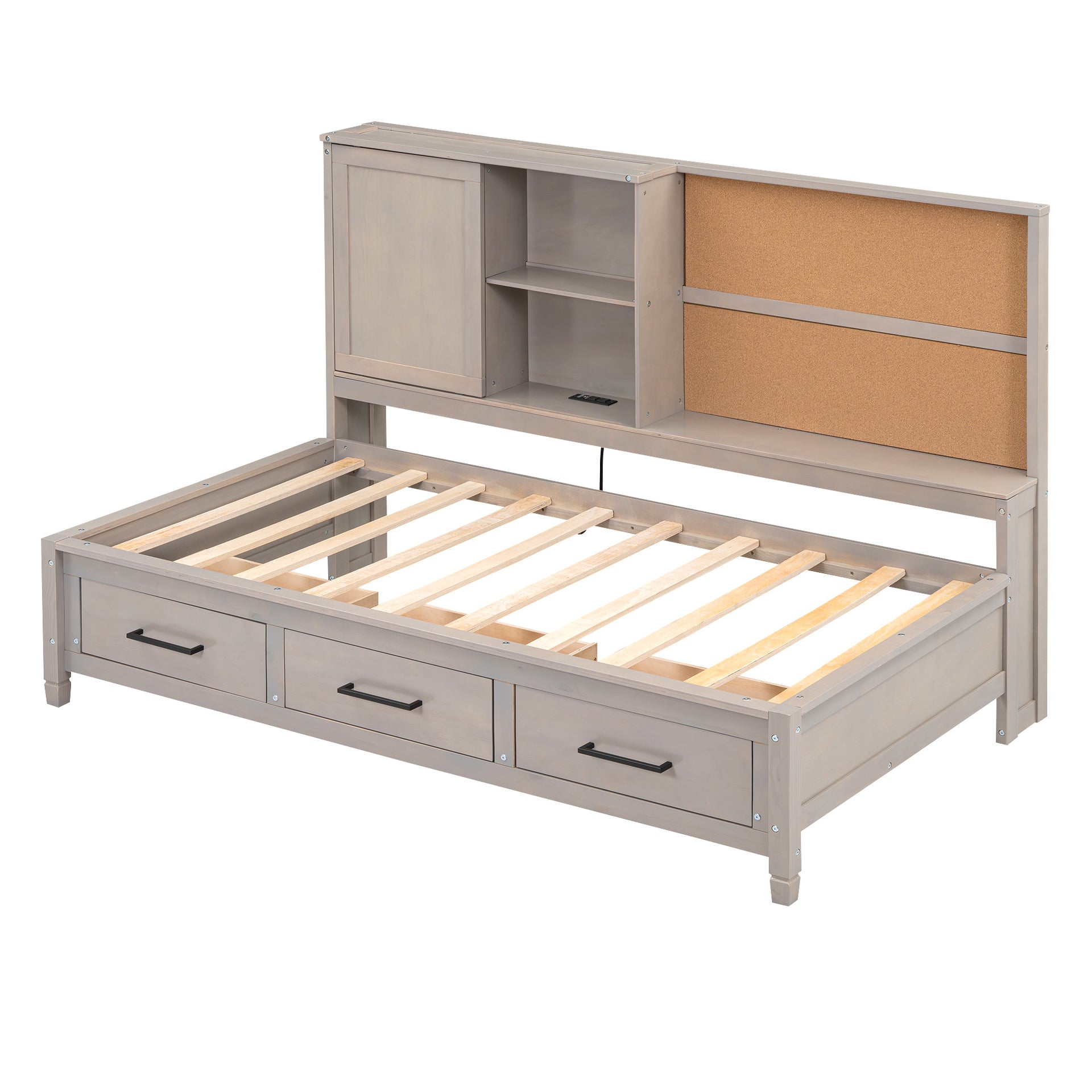 Twin Size Bed with Storage Shelves, Cork Board, USB Ports and 3 Drawers, Antique Gray