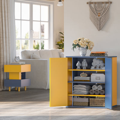 Modern Storage Cabinet with 3 Adjustable Shelves, Yellow and Blue