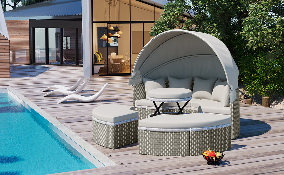 Round Sectional Rattan Daybed with Table and Canopy