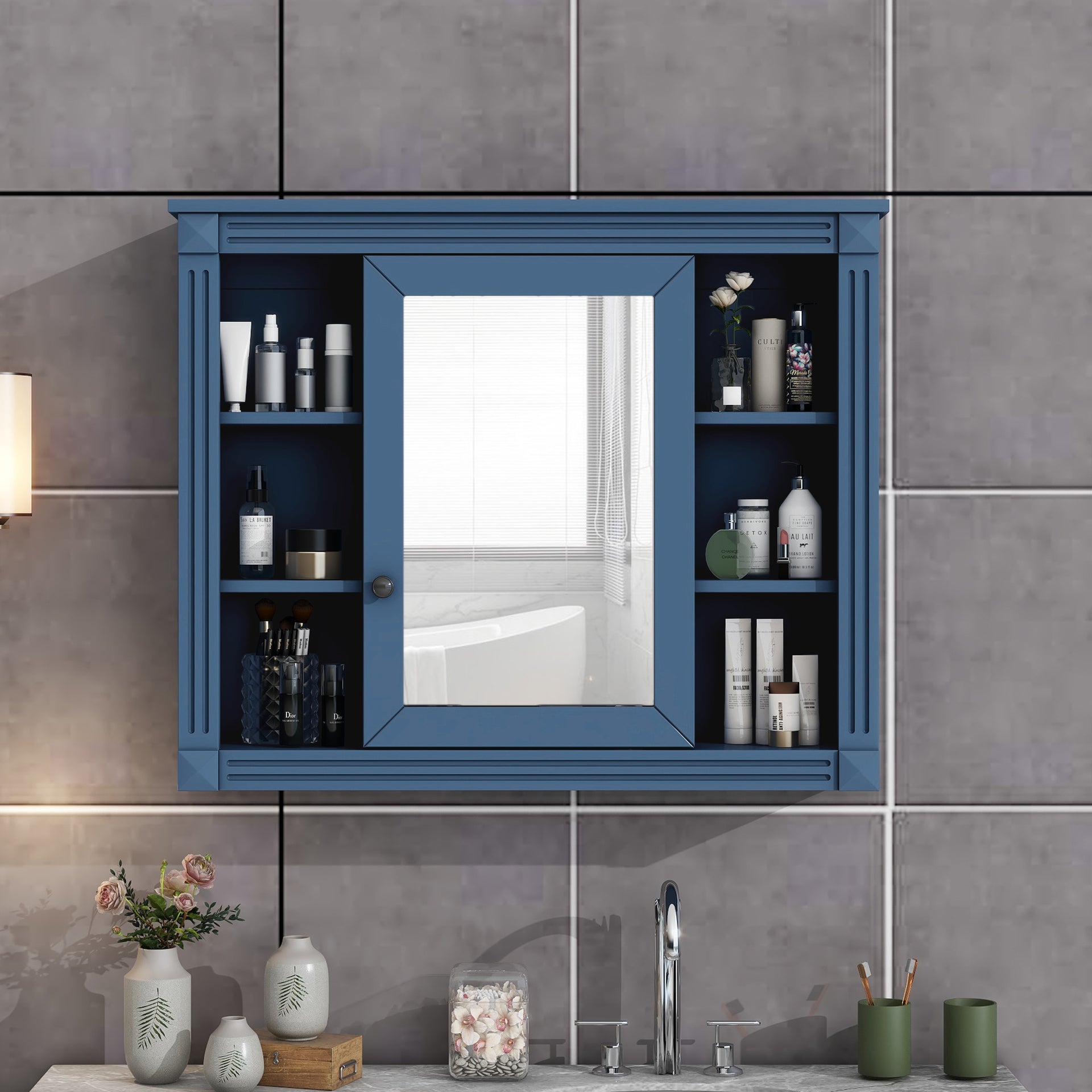 Royal Blue Wall Mounted Bathroom Storage Cabinet with Mirror