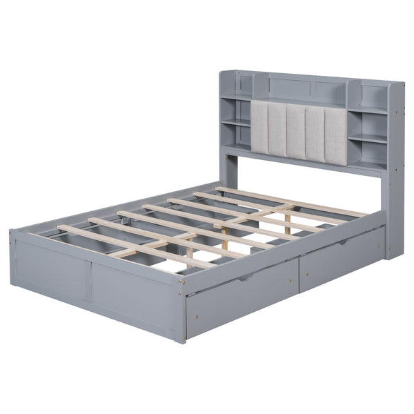 Full Size Bed Frame with Shelves and 4 Under-Bed Drawers