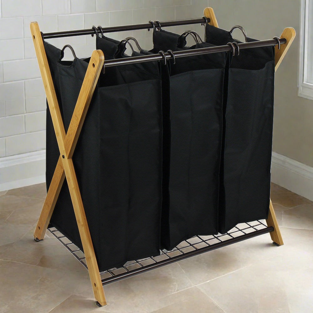 Bamboo Laundry Sorter with Removable Bags