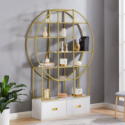 Decorative Gold Frame Round Bookcase Display with Two Drawers 70.8 Inch