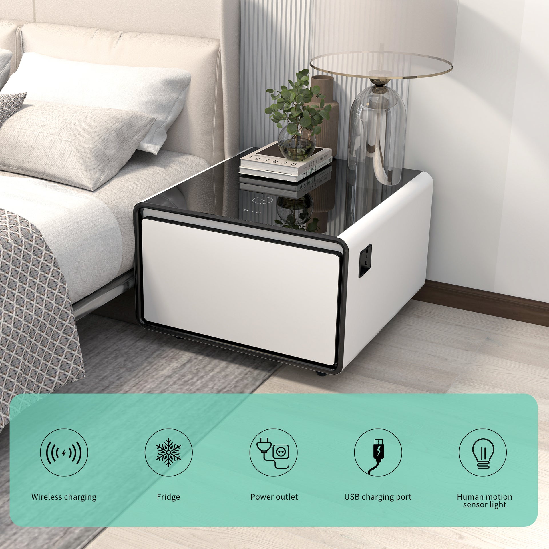 Modern Smart Side Table with Built-in Fridge and Wireless Charging, White