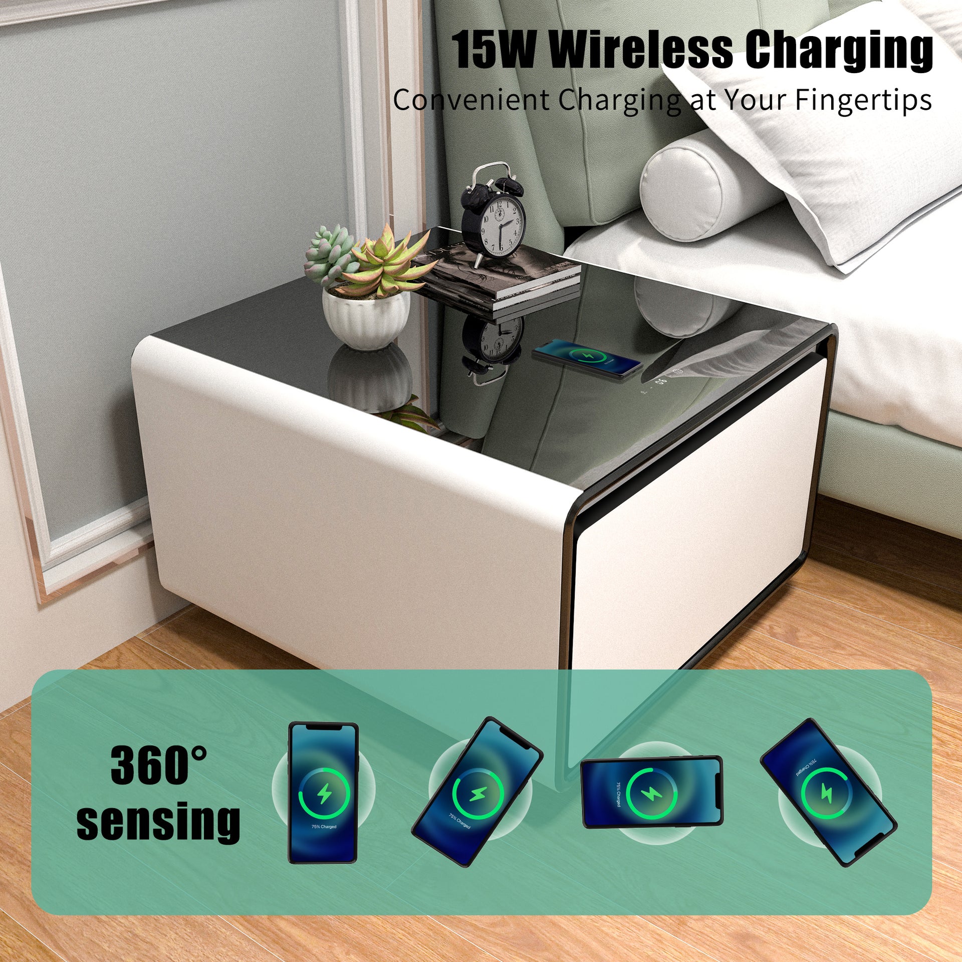 Modern Smart Side Table with Built-in Fridge and Wireless Charging, White