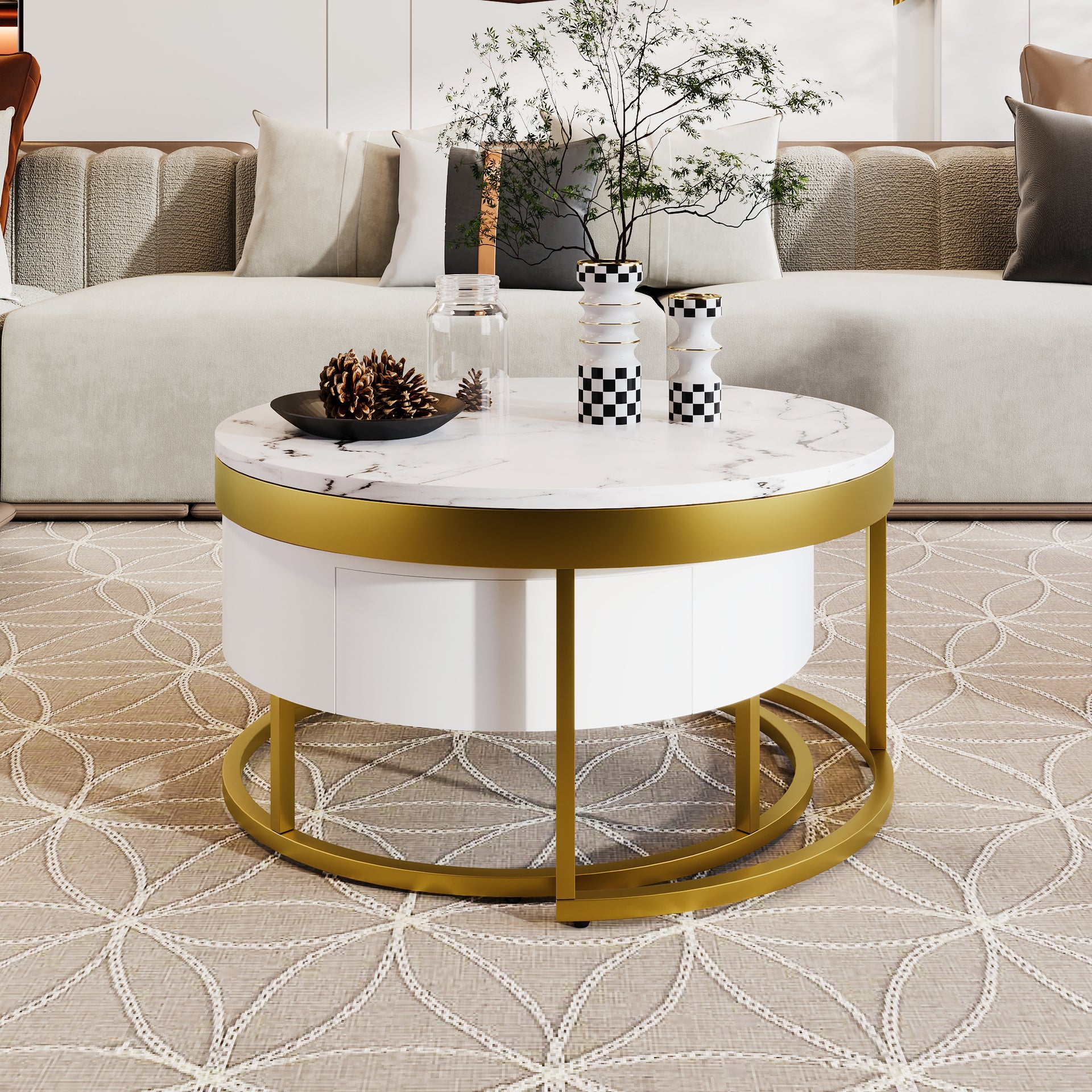 Modern Round Nesting Coffee Table with Drawers in White