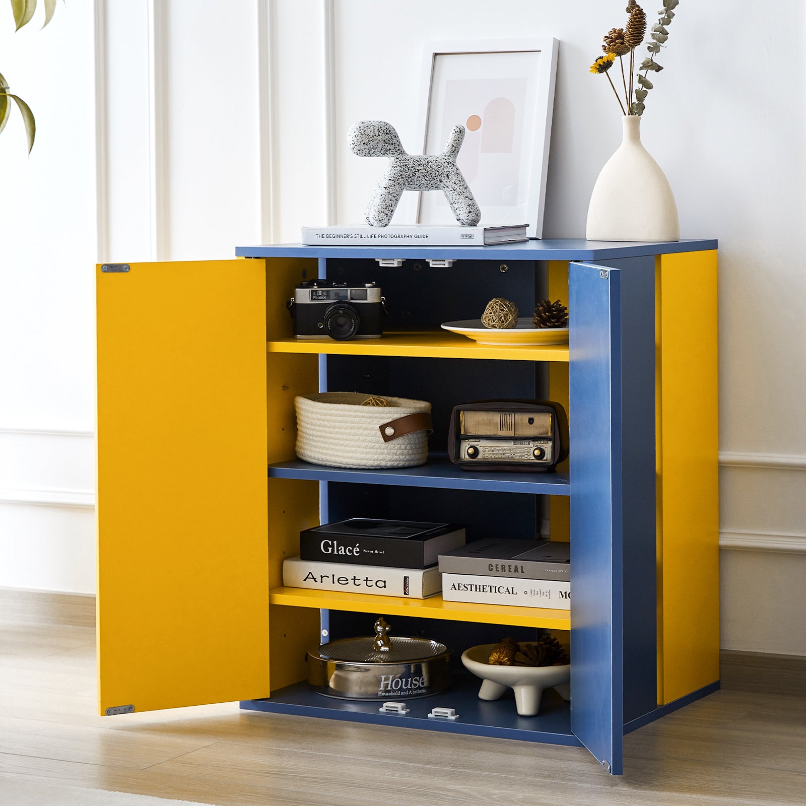 Modern Storage Cabinet with 3 Adjustable Shelves, Yellow and Blue