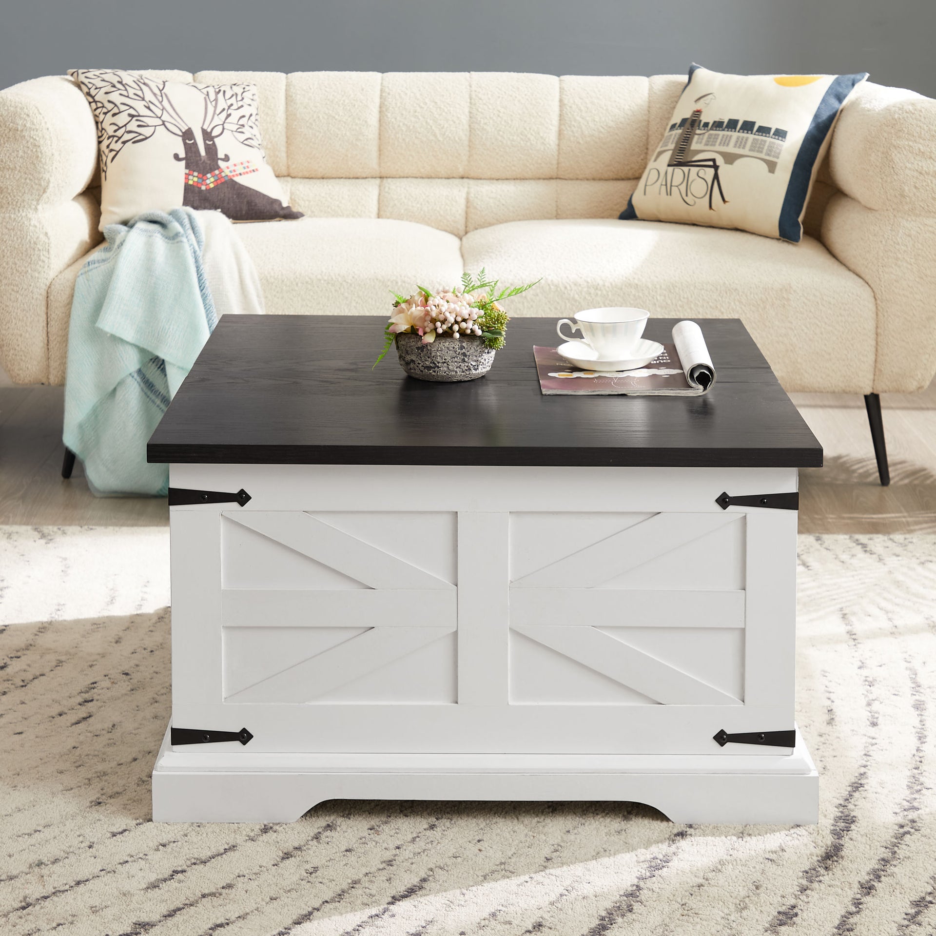 Square Farmhouse Coffee Table with Large Hidden Storage Compartment