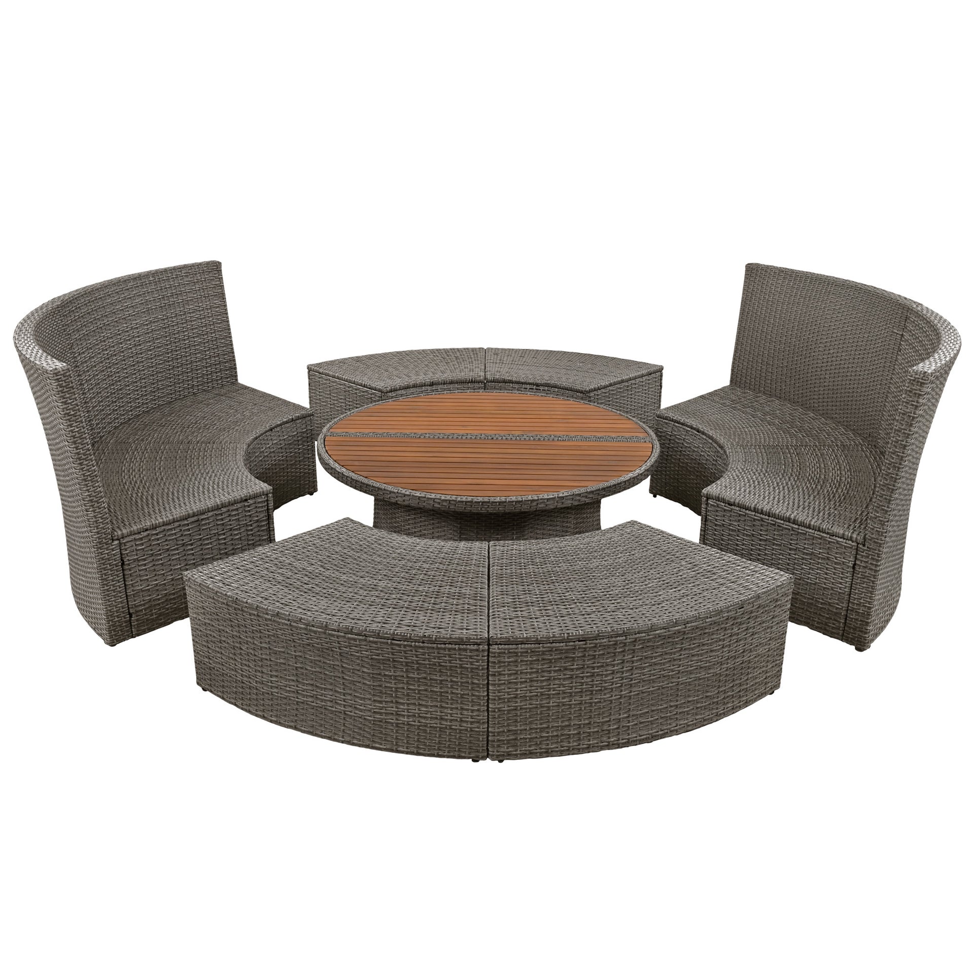 5-Piece Round Rattan Sectional Daybed with Liftable Table