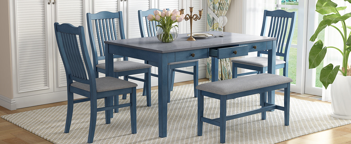 6-Piece Wooden Dining Table Set, Antique Blue