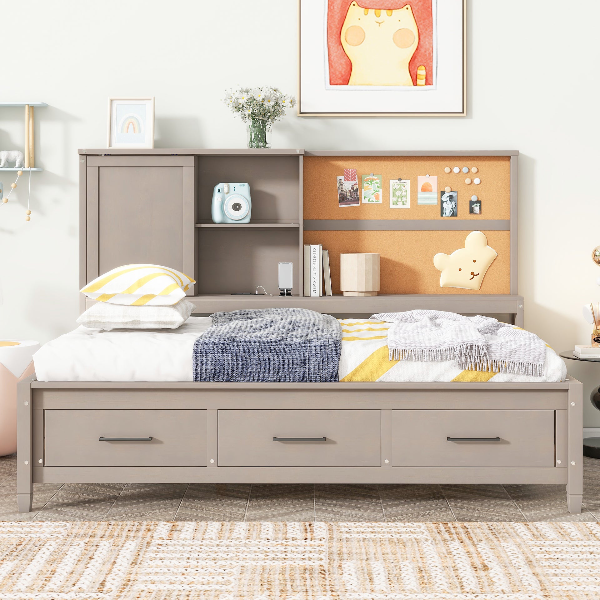 Twin Size Bed with Storage Shelves, Cork Board, USB Ports and 3 Drawers, Antique Gray