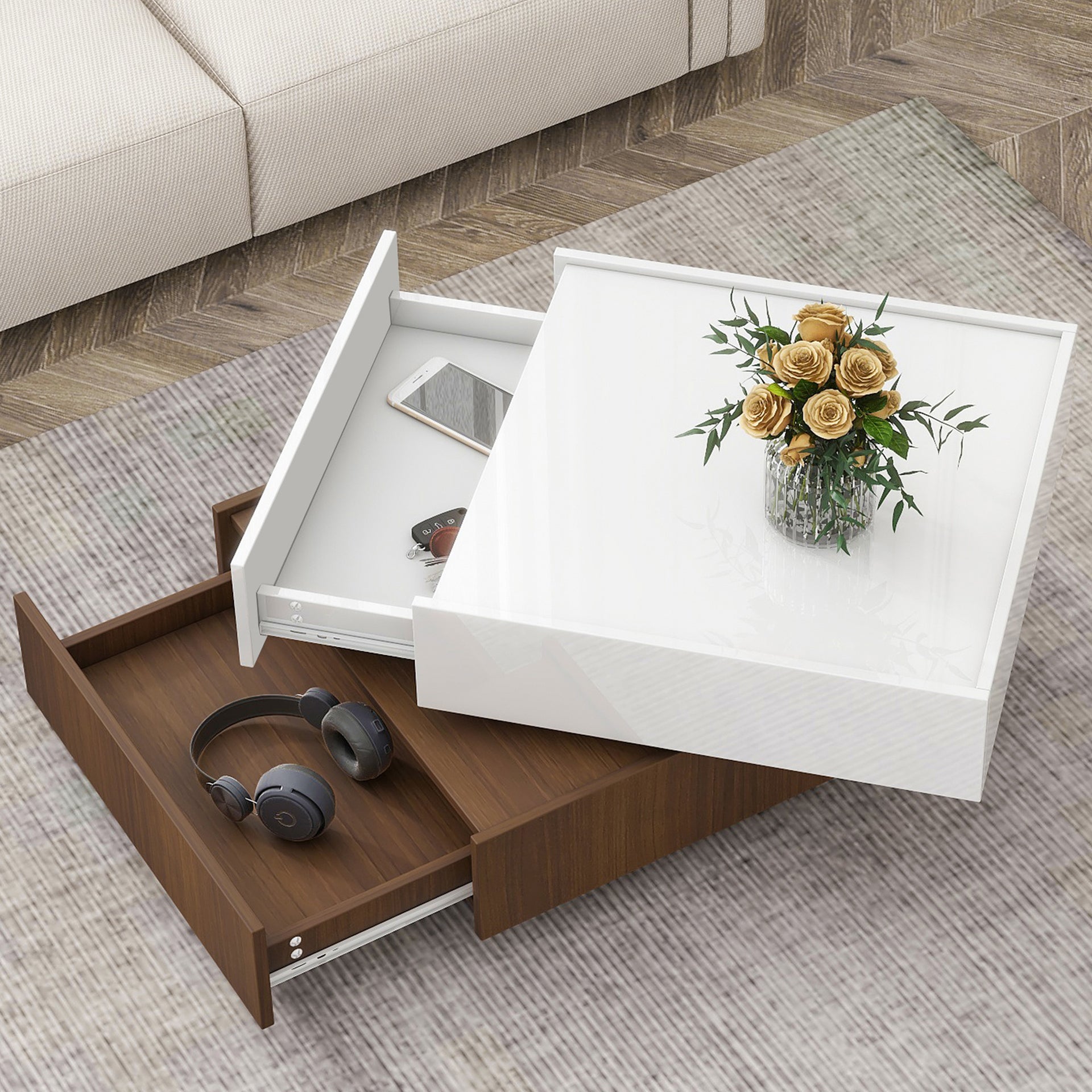 Multi-functional Square 360°Rotating High Gloss Coffee Table with 2 Drawers, White