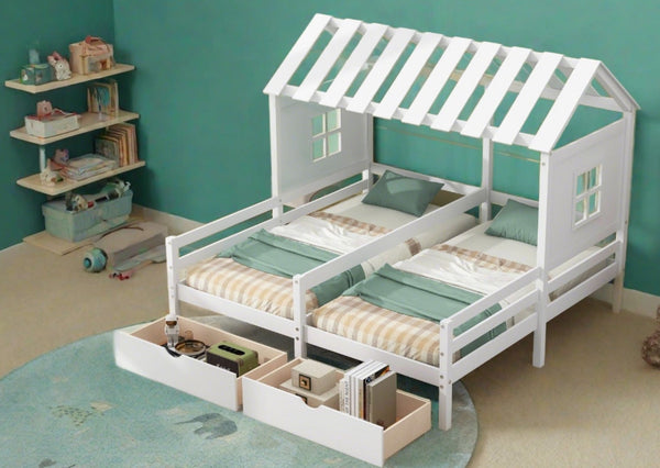 Twin Size House Platform Beds with Two Drawers