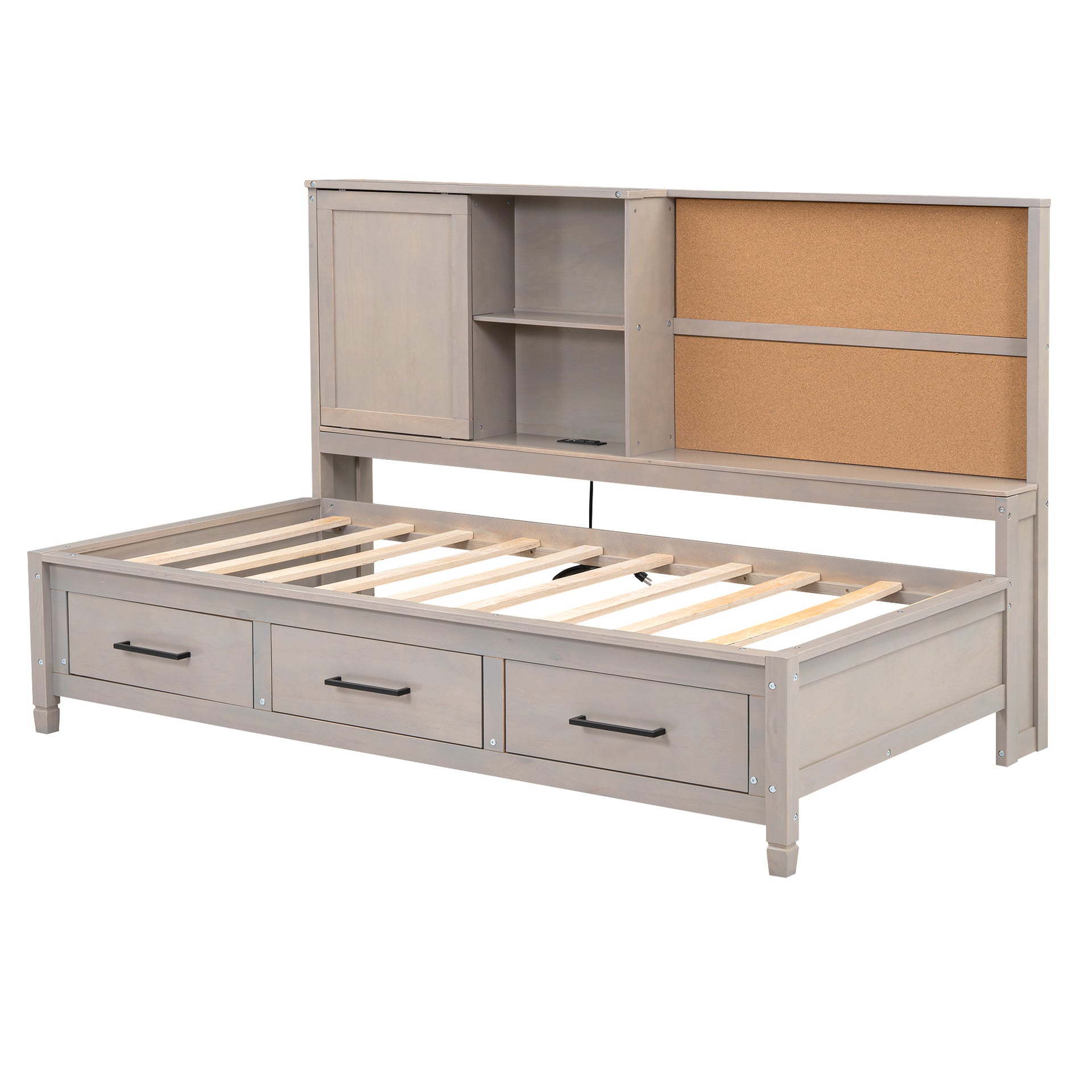 Twin Size Bed with Storage Shelves, Cork Board, USB Ports and 3 Drawers, Antique Gray