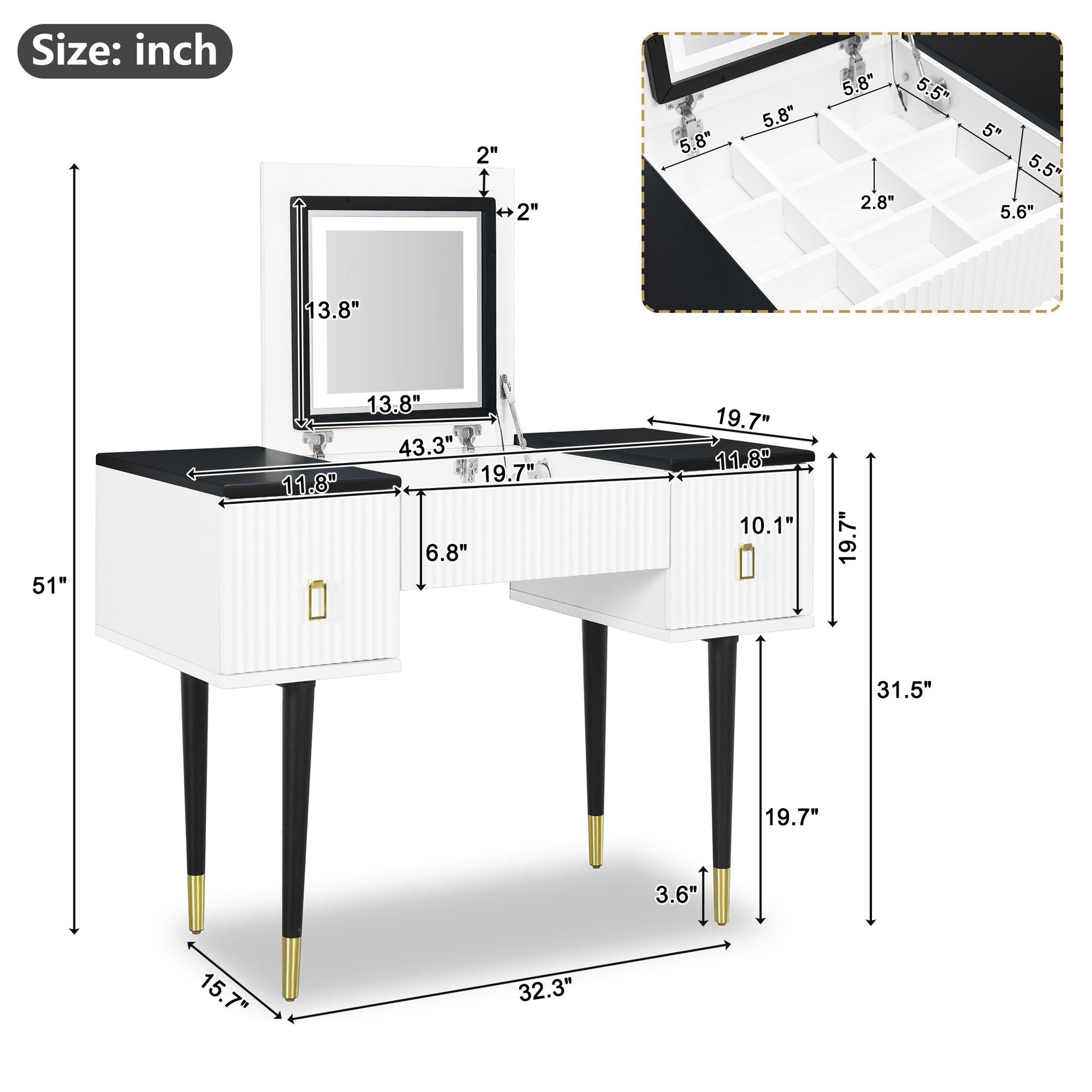 Modern Vanity Dressing Table with Flip-top Mirror and LED Light, White and Black