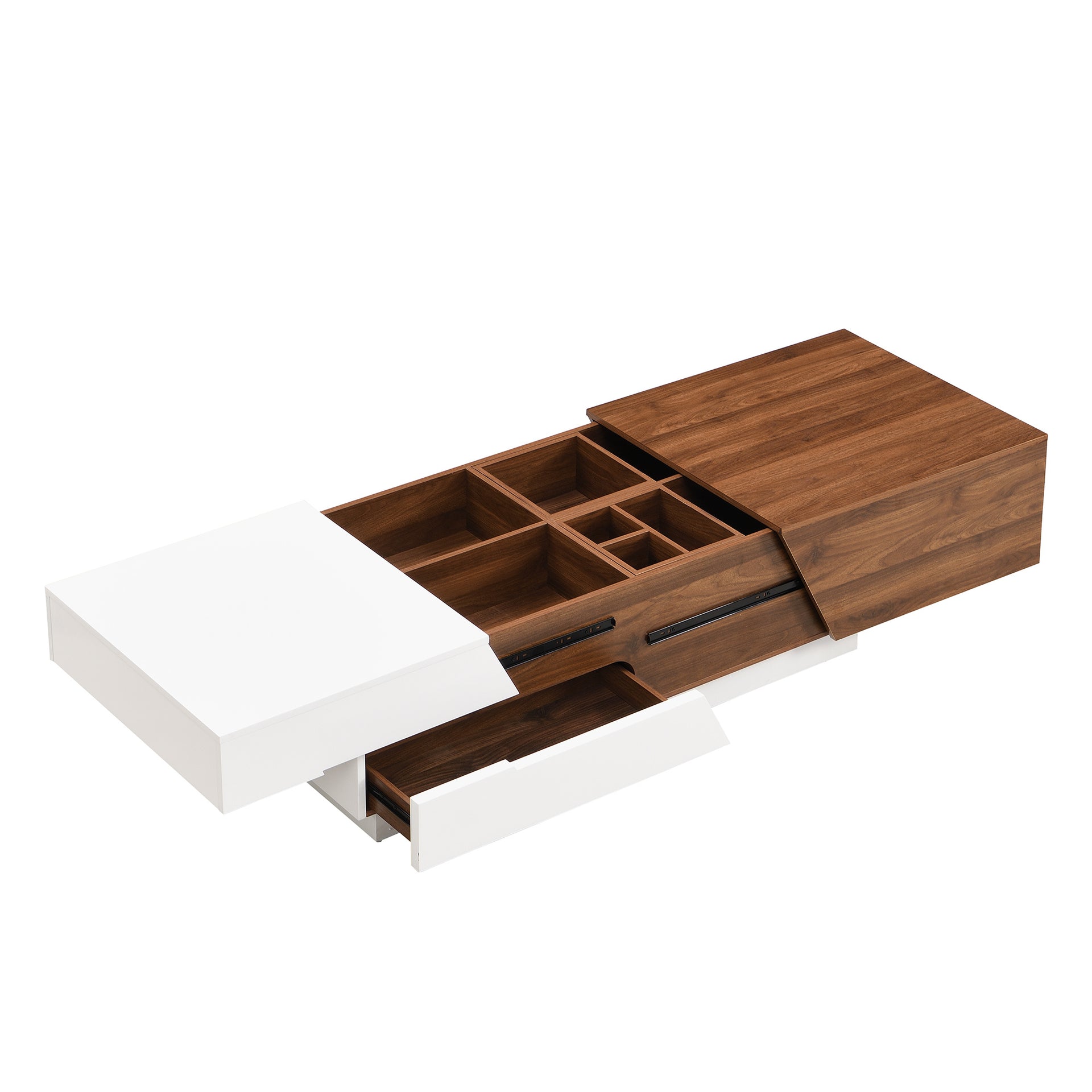 Modern Sliding Top Coffee Table with Storage in White and Walnut