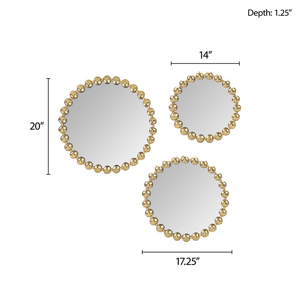 Gold Beaded Round Wall Mirror 3-piece set