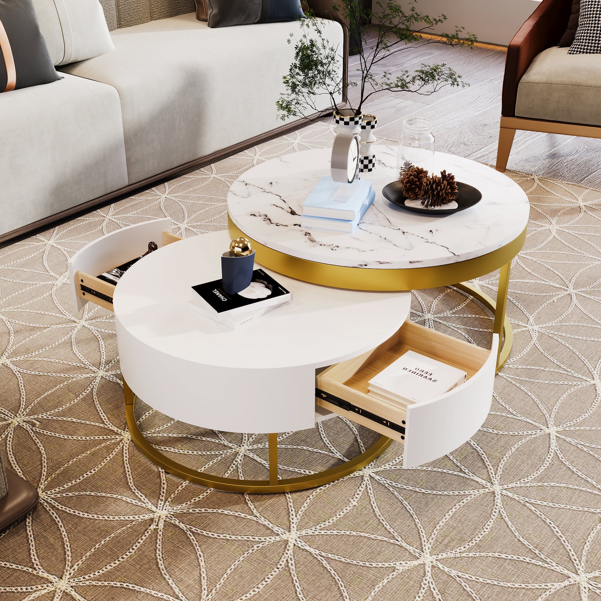 Modern Round Nesting Coffee Table with Drawers in White