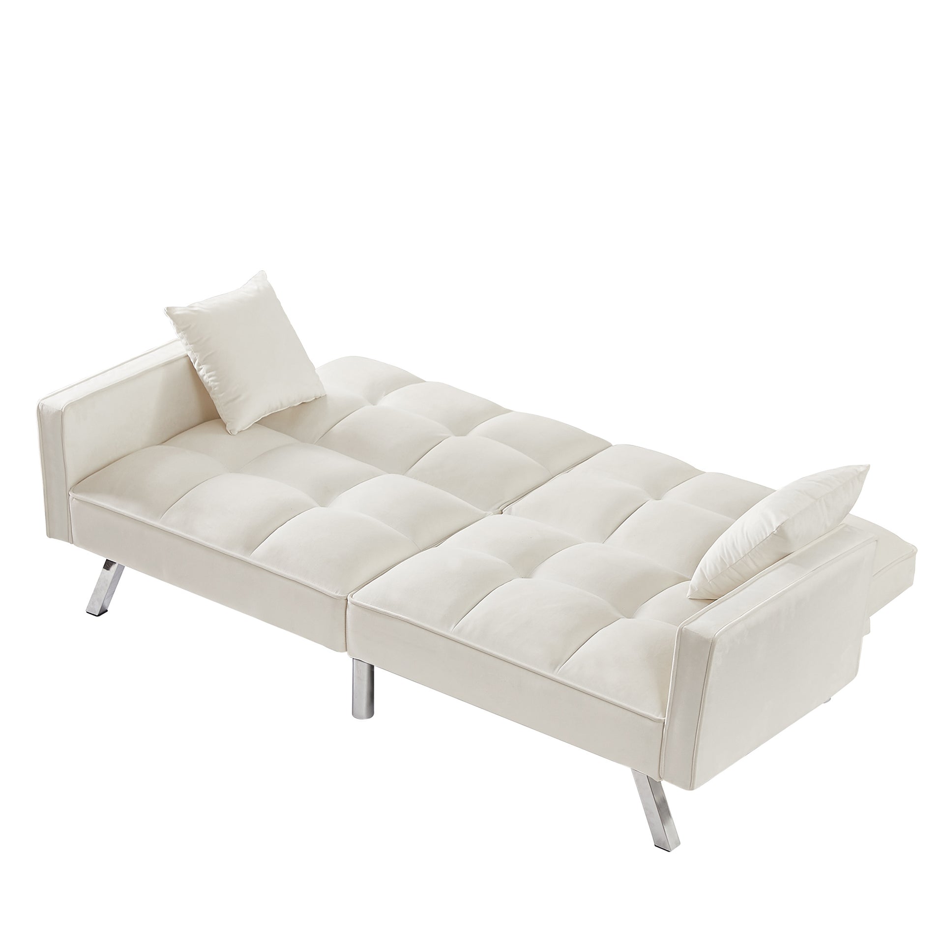 Cream White Velvet Sofa Couch Bed with Two Pillows