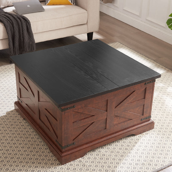Wooden Farmhouse Coffee Table with Large Hidden Storage Compartment