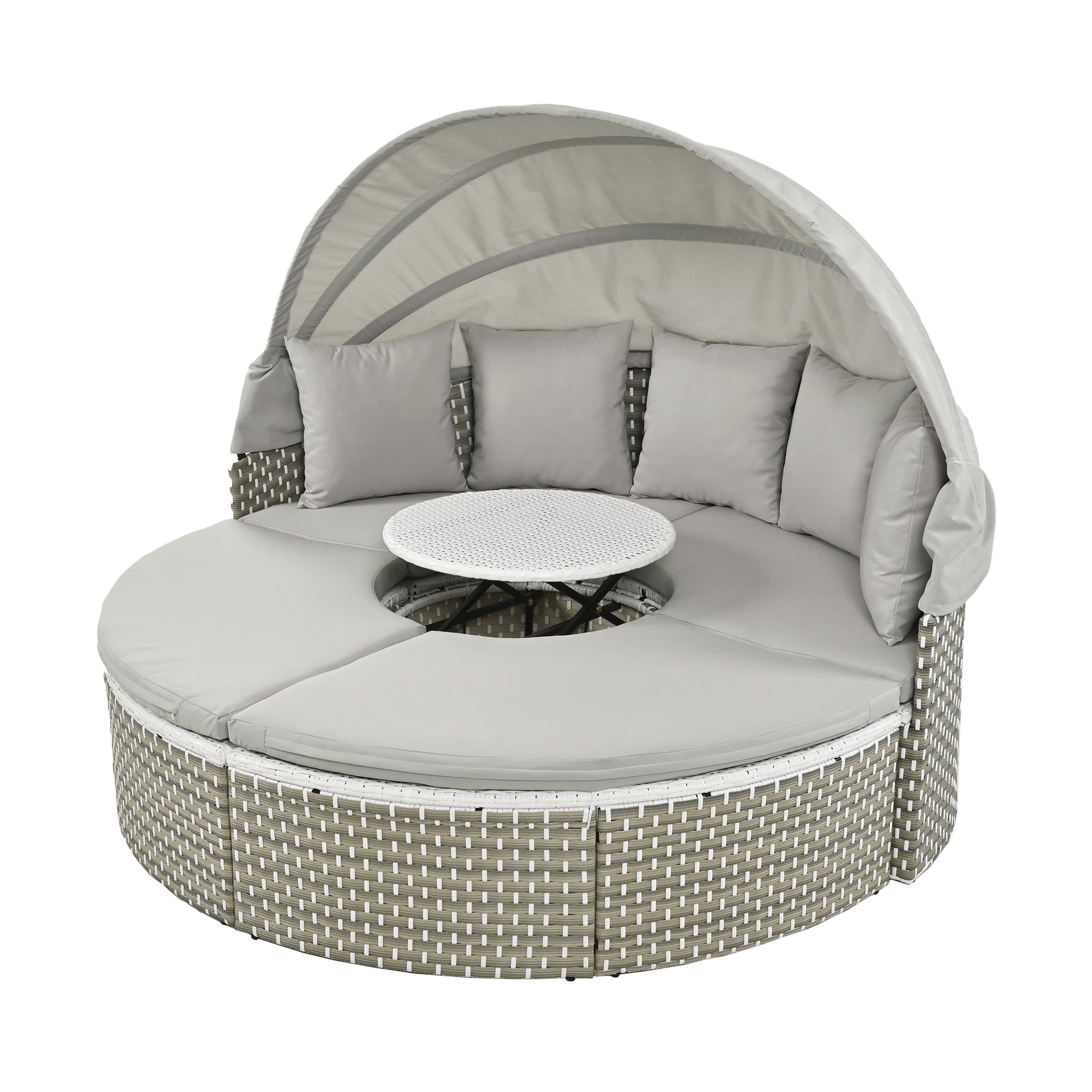 Round Sectional Rattan Daybed with Table and Canopy