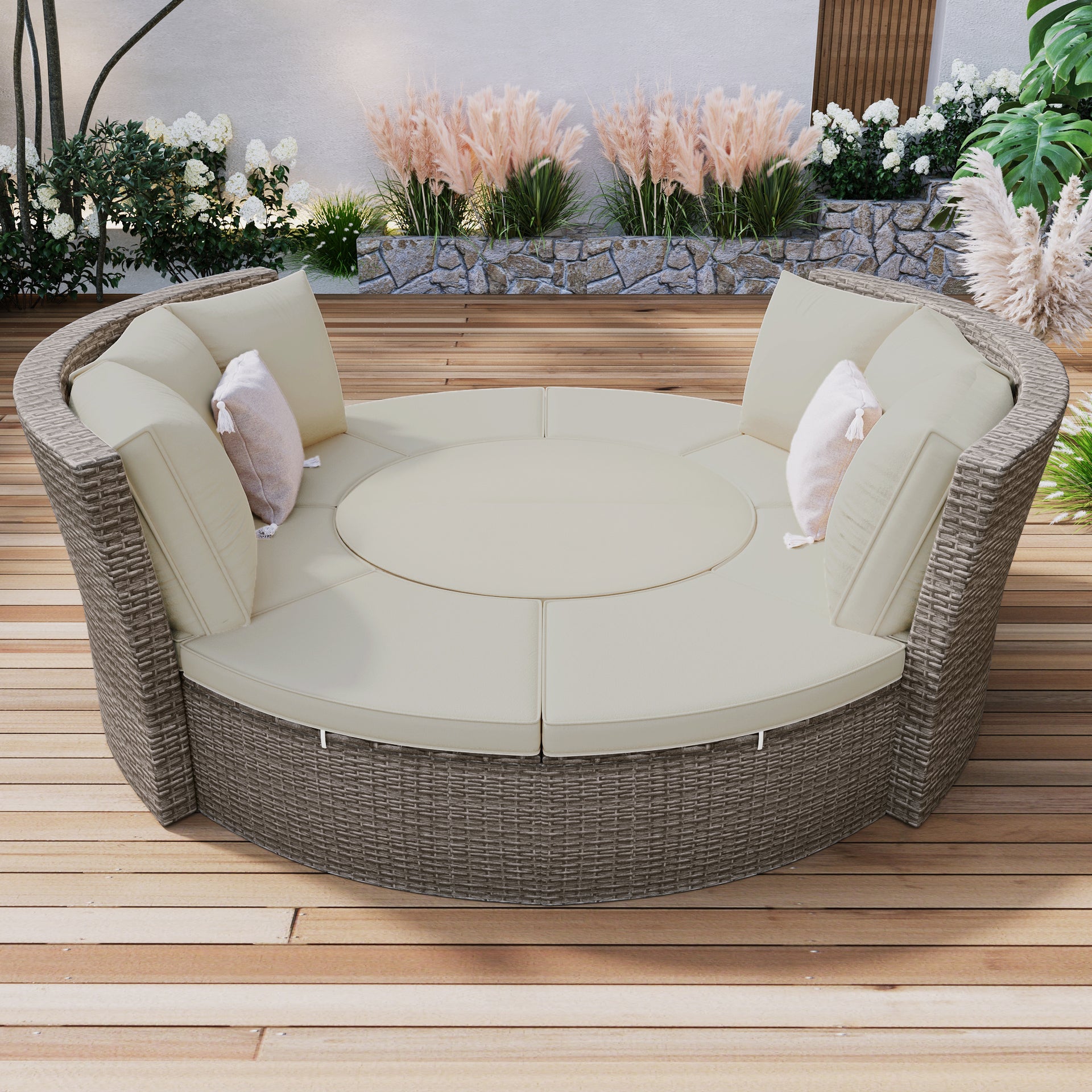 5-Piece Round Rattan Sectional Daybed with Liftable Table