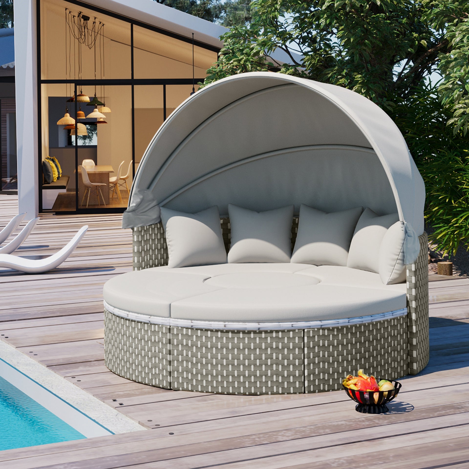 Round Sectional Rattan Daybed with Table and Canopy