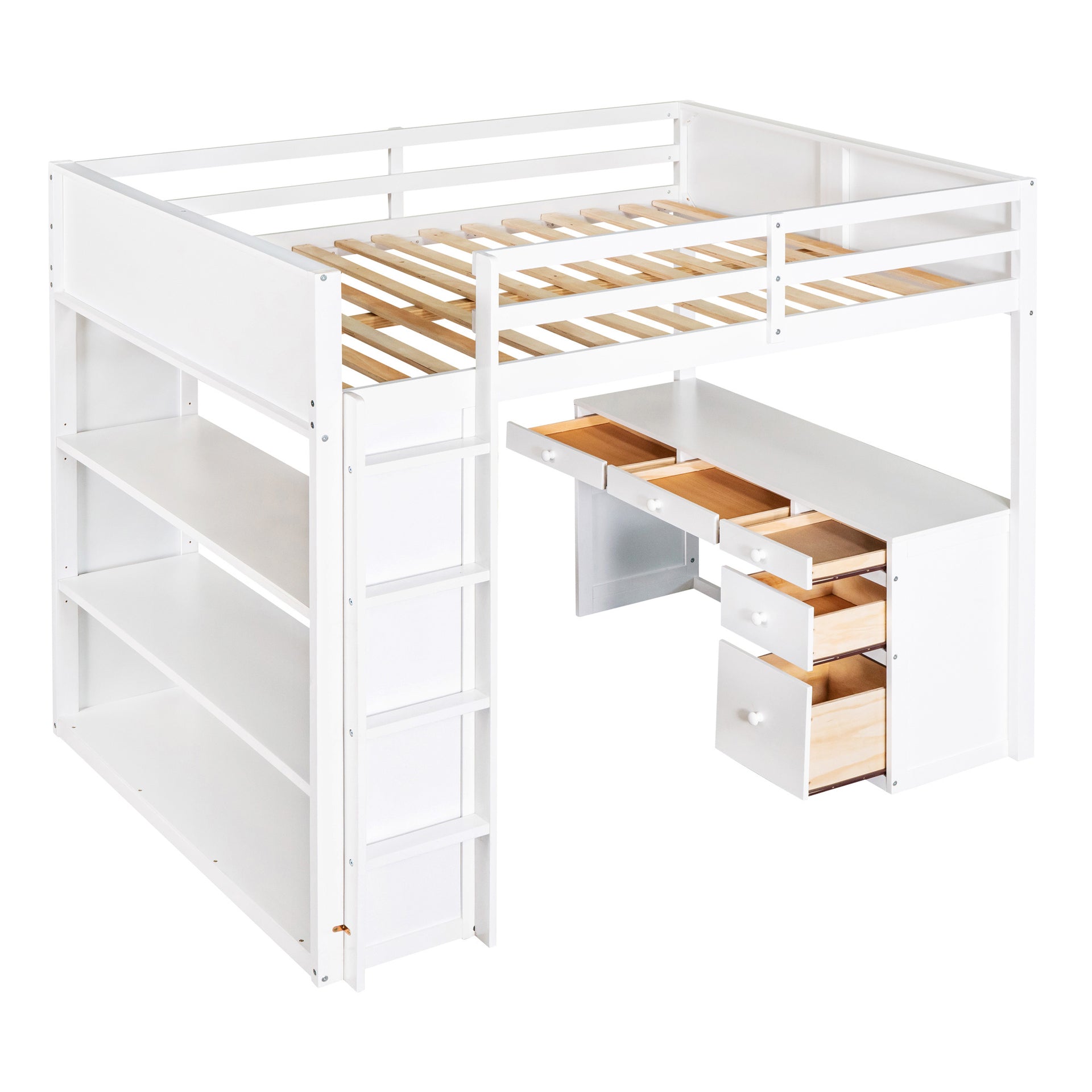 Full Size Loft Bed with Ladder, Shelves, and Desk